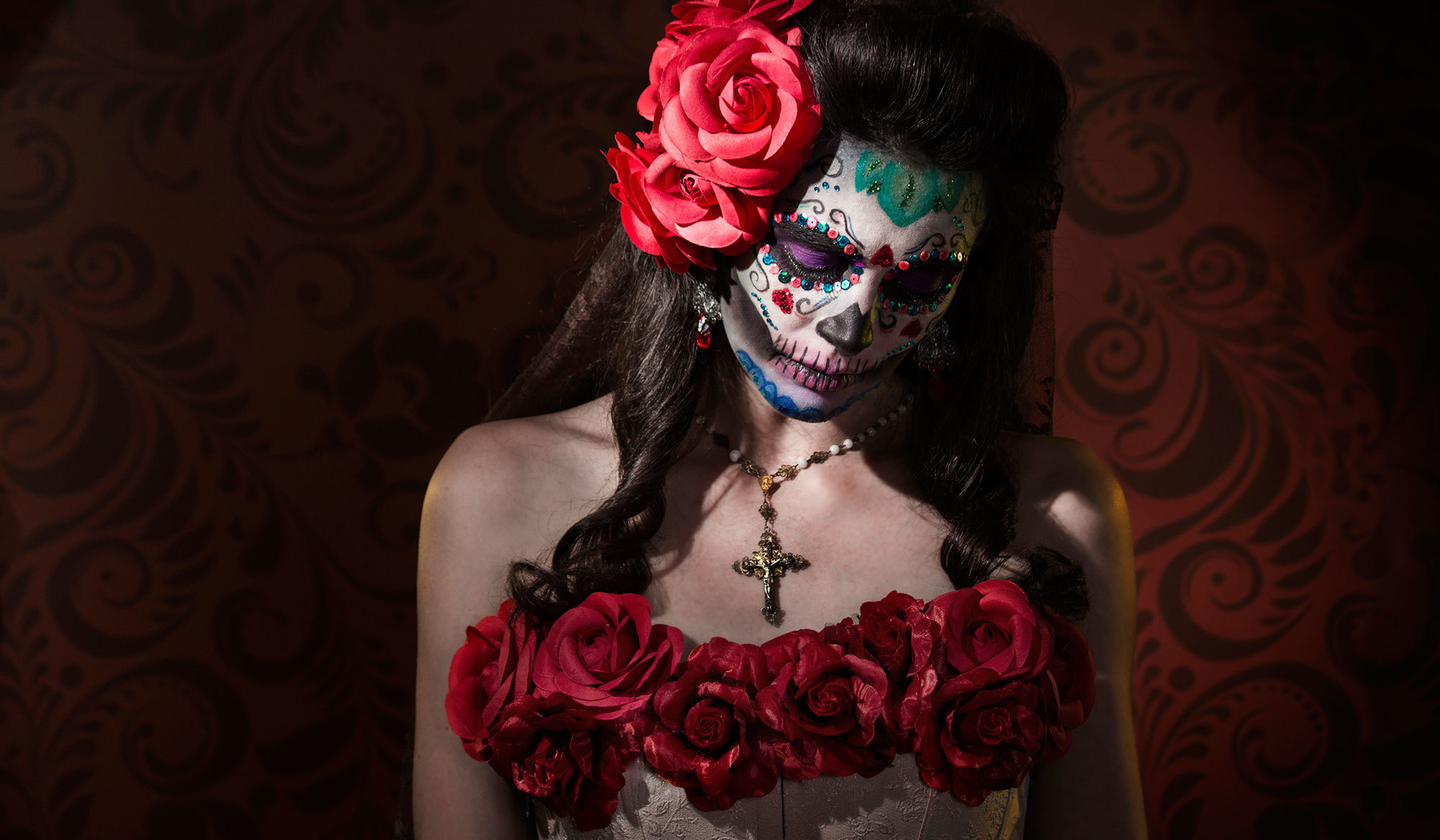 artistic, sugar skull, brunette, flower, makeup, red flower