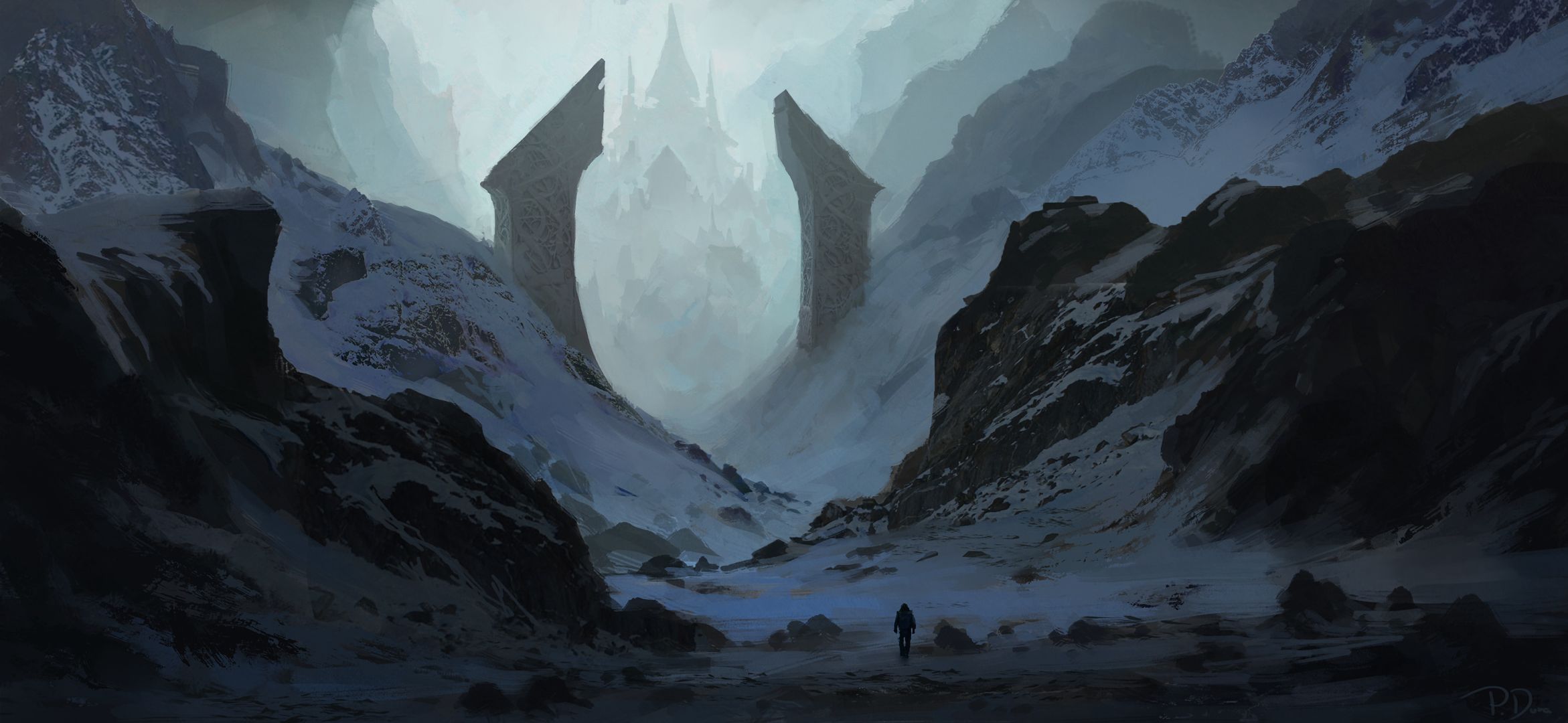 Download mobile wallpaper Landscape, Fantasy, Snow, Mountain, Dark, Fog, Castle for free.