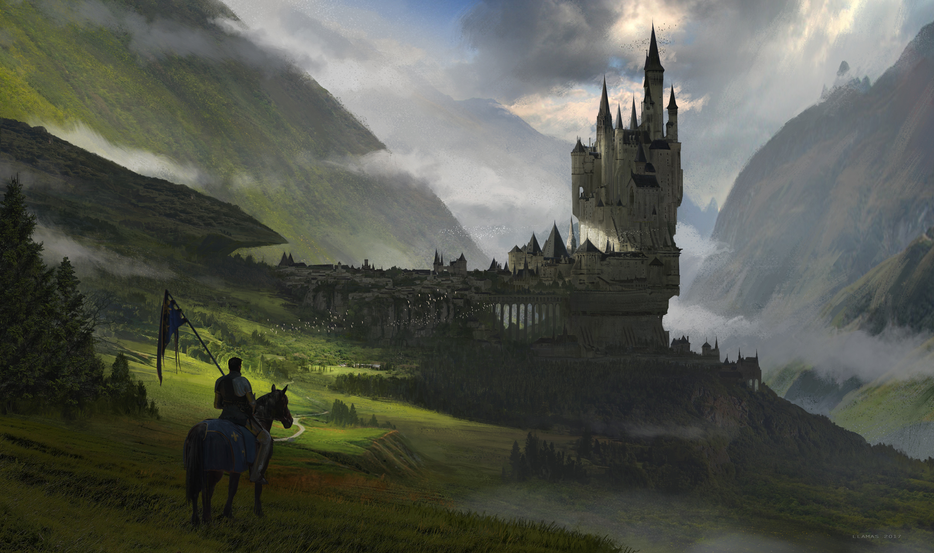 Download mobile wallpaper Landscape, Fantasy, Castles, City, Fog, Warrior, Horse, Castle for free.