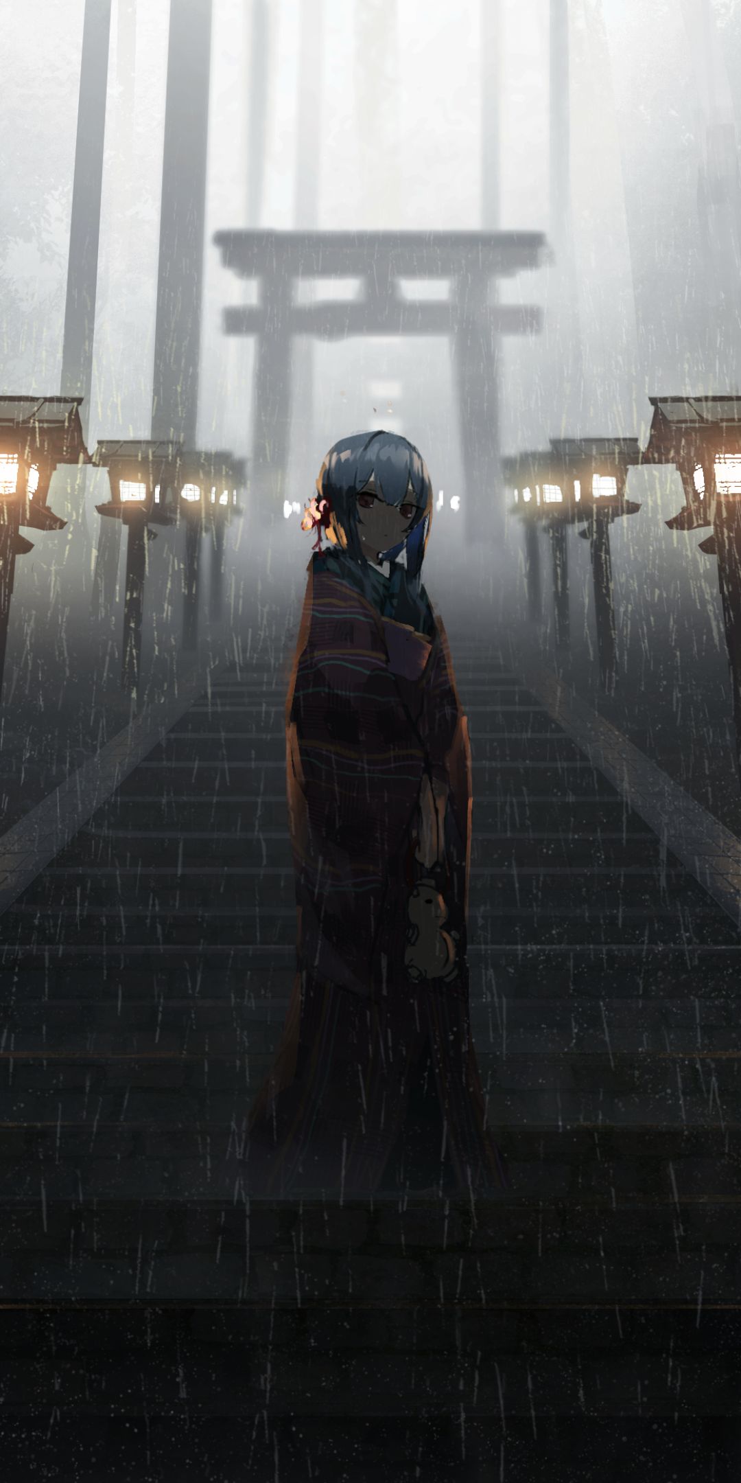 Download mobile wallpaper Anime, Rain, Fog, Girl, Stairs, Torii for free.