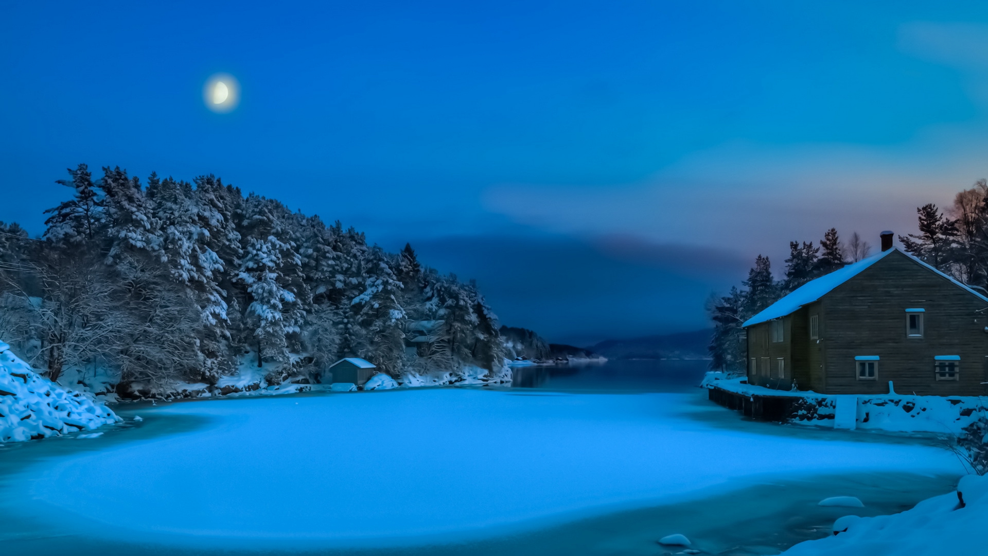 806662 завантажити шпалери створено людиною, будинок, затока, місяць, ніч, норвегія, сніг, дерево, зима - заставки і картинки безкоштовно