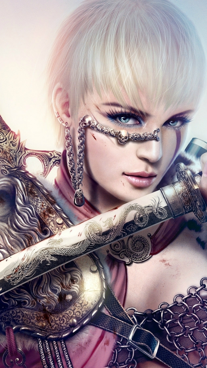Download mobile wallpaper Fantasy, Weapon, Sword, Blue Eyes, Short Hair, Legend Of The Five Rings, White Hair for free.