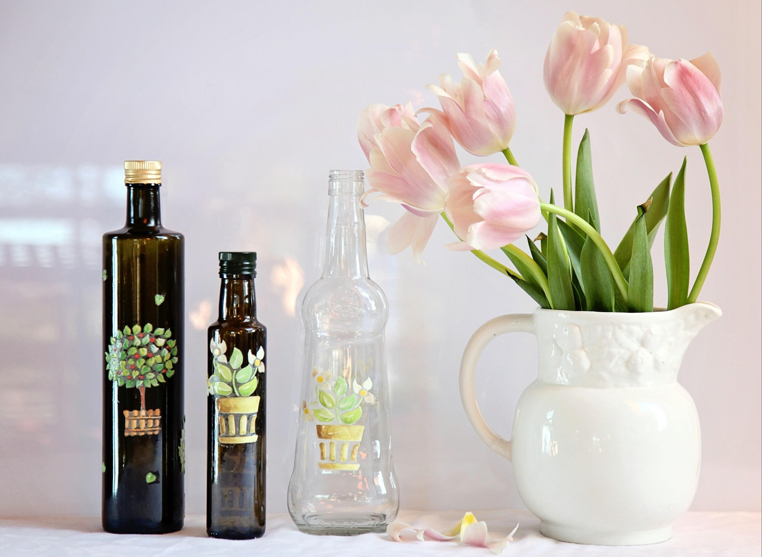 flowers, tulips, petals, jug, bottle, bottles