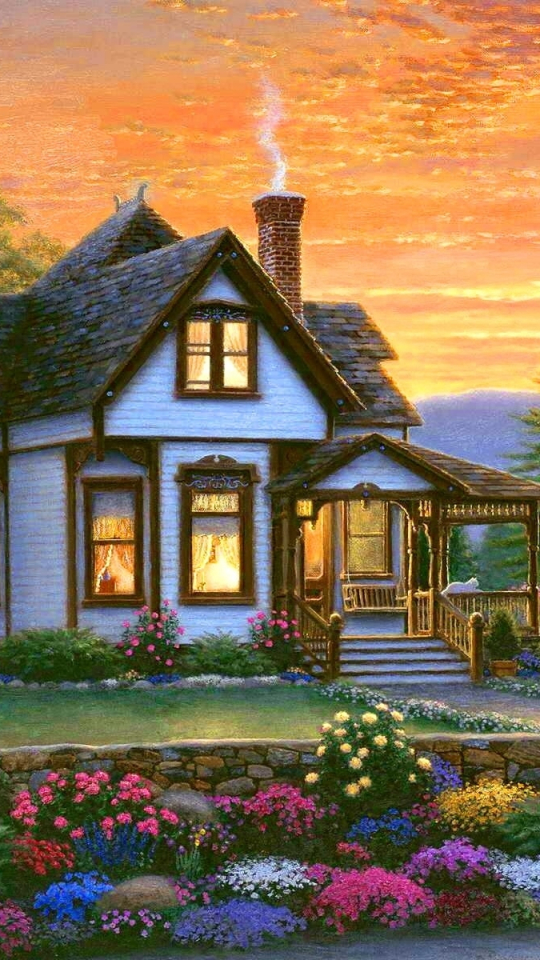 Download mobile wallpaper Sunset, Flower, Tree, Painting, Artistic, Cottage for free.