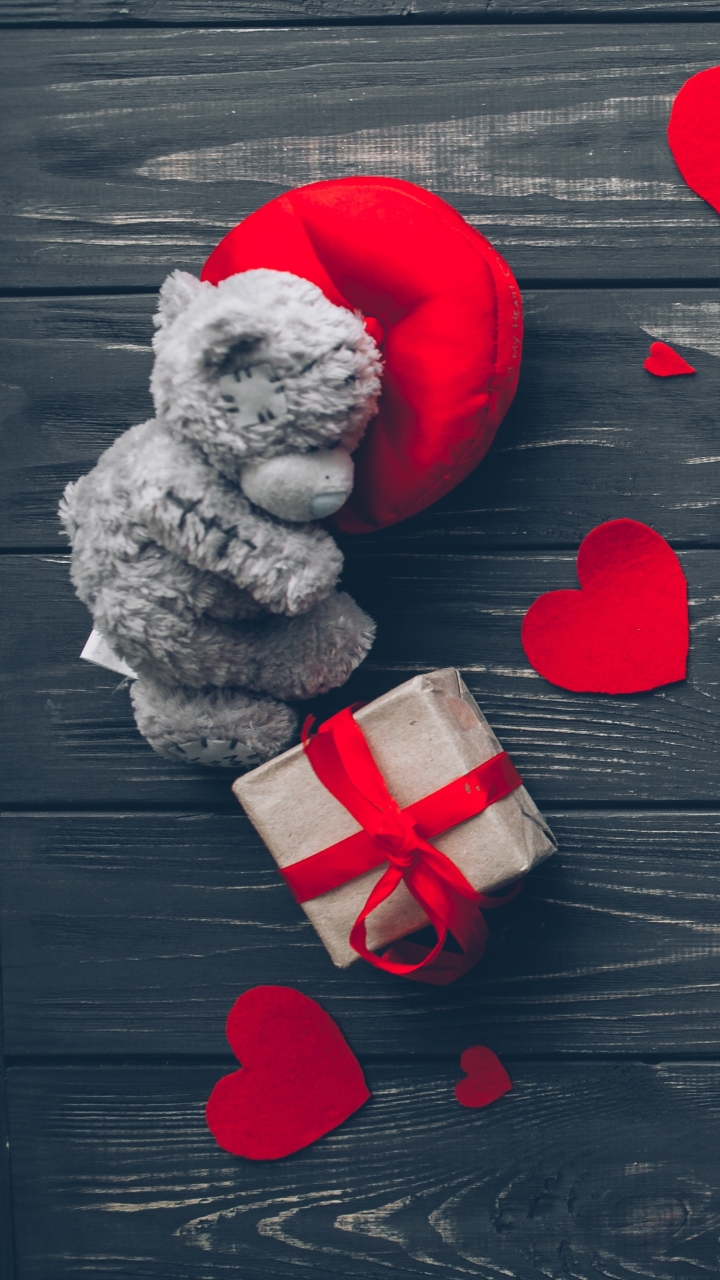 Скачати мобільні шпалери День Святого Валентина, Натюрморт, Свято, Подарунок, Серце, М'яка Іграшка безкоштовно.
