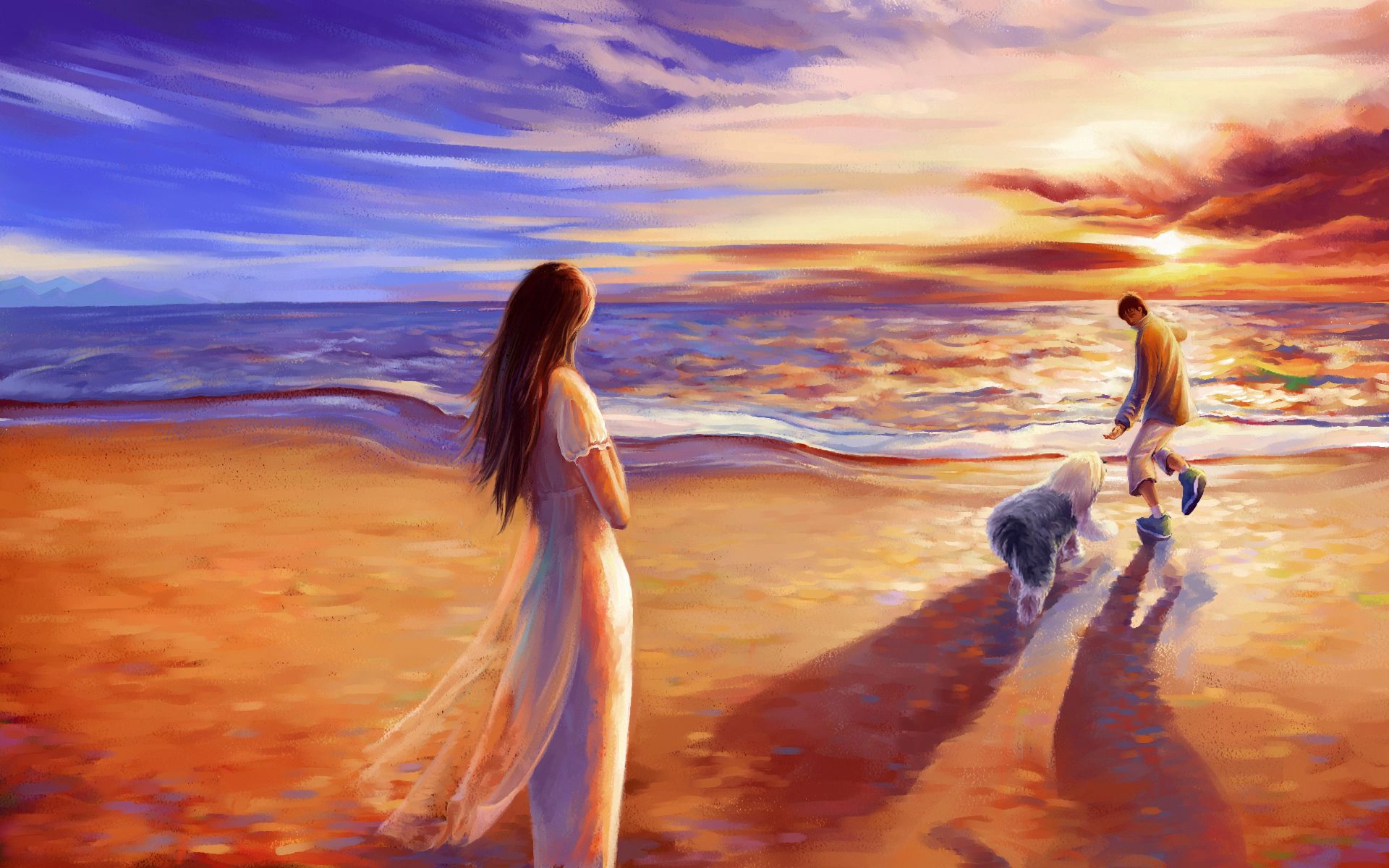 Download mobile wallpaper Shore, Paints, Bank, Dog, Canvas, Art, Picture, Pair, Drawing, Couple for free.