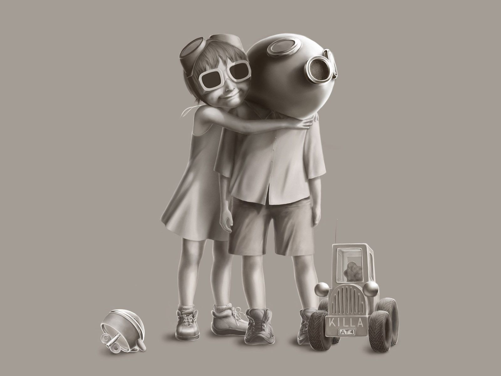 children, toys, love, couple, pair, car, picture, drawing, machine, mask, embrace