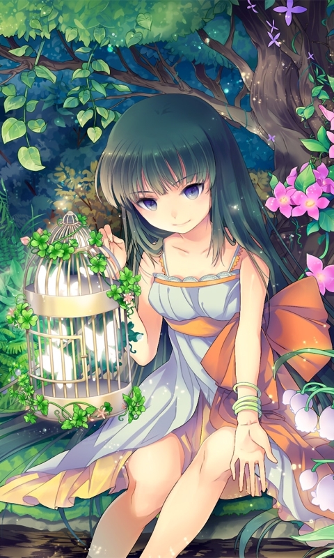 Download mobile wallpaper Anime, Night, Moon, Flower, Tree, Girl, Pond, Spring, Purple Eyes, Birdcage for free.