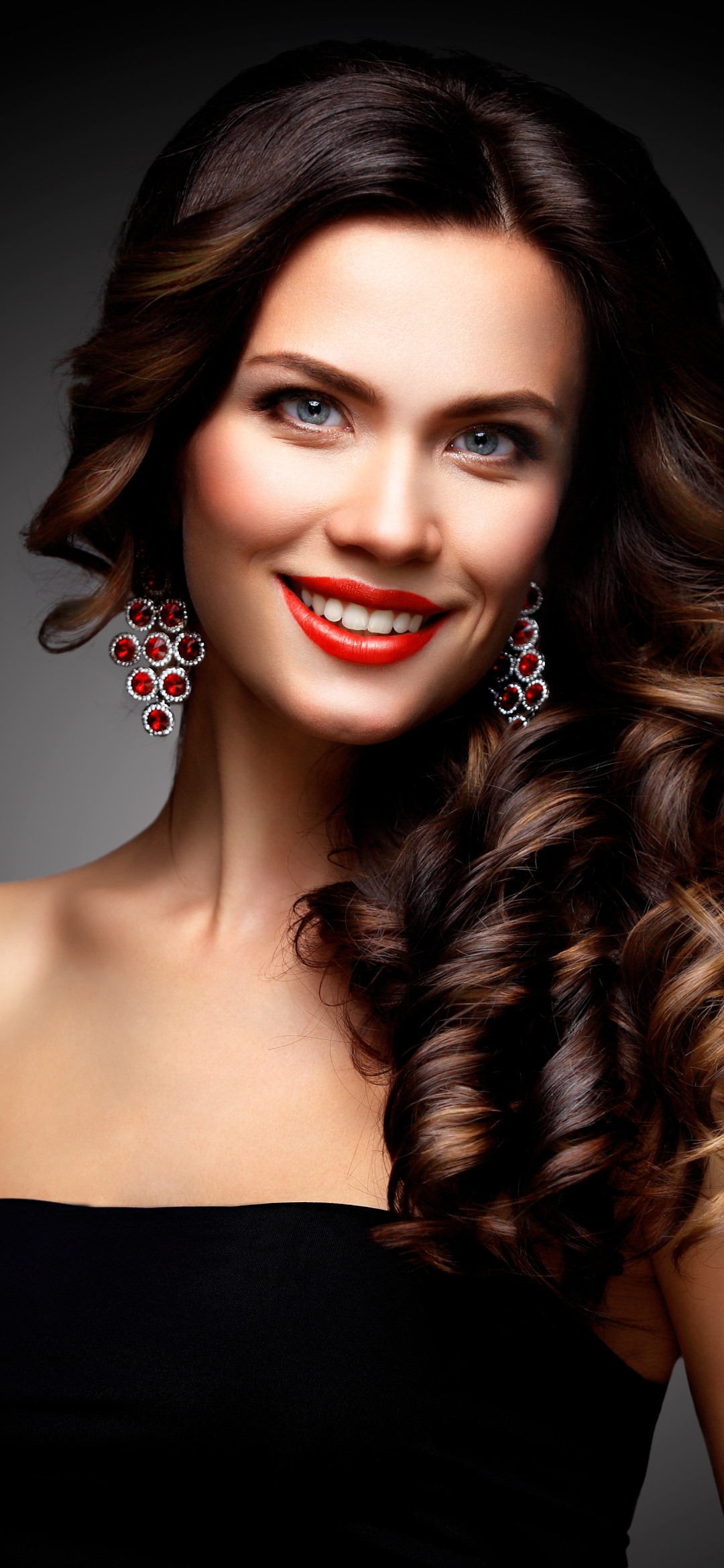 Download mobile wallpaper Smile, Brunette, Model, Women, Earrings, Blue Eyes, Lipstick for free.