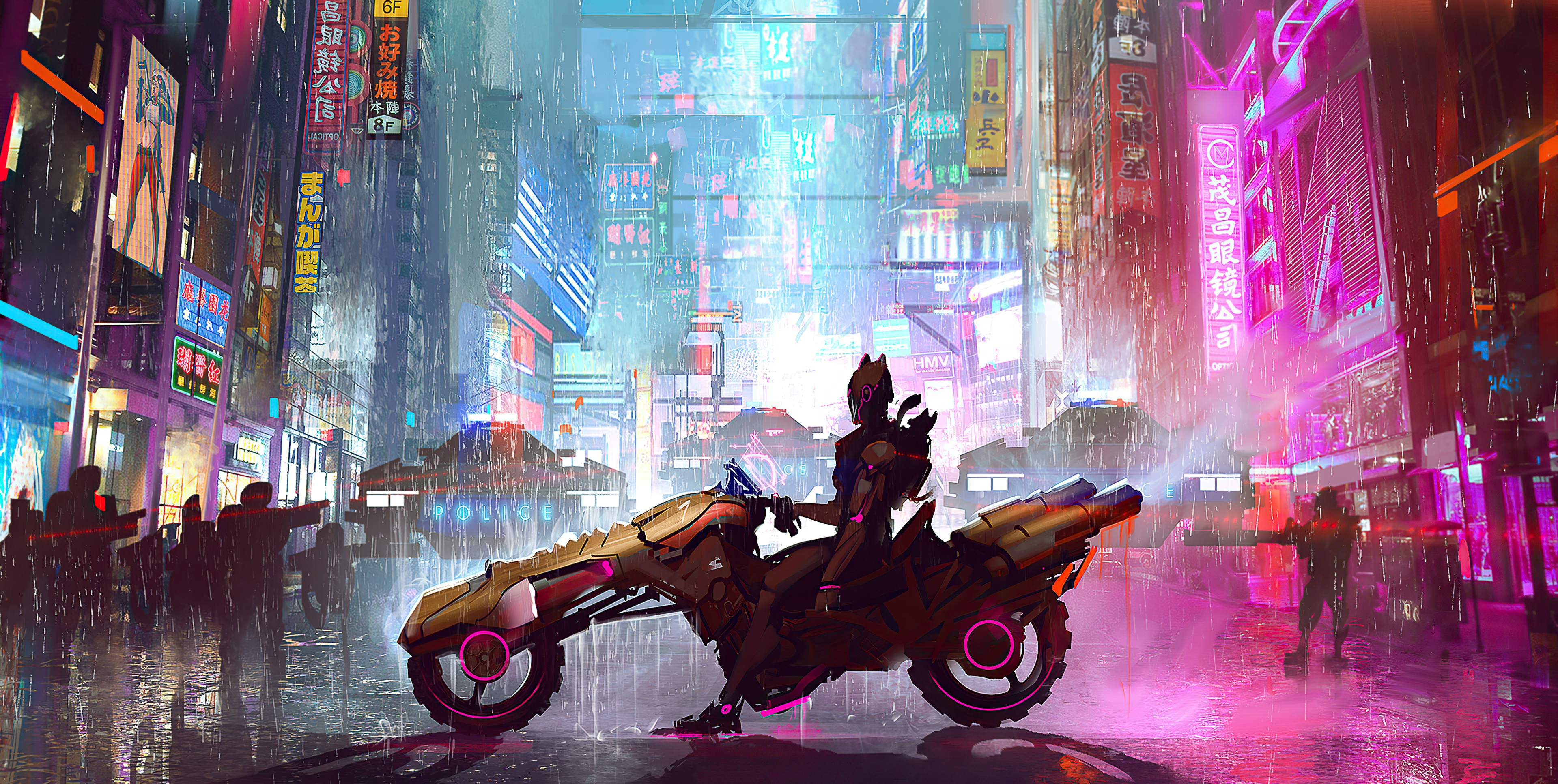 Download mobile wallpaper Rain, Night, City, Cyberpunk, Motorcycle, Sci Fi, Futuristic, Vehicle for free.