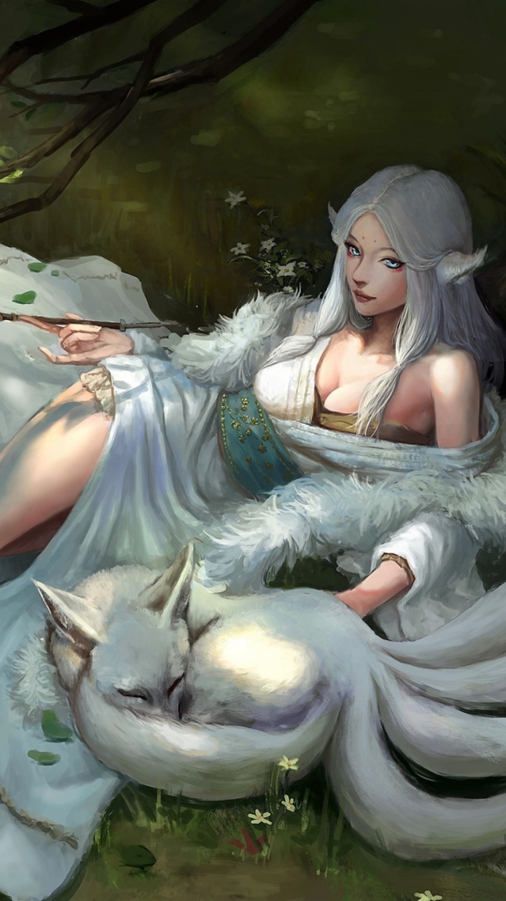 Download mobile wallpaper Fantasy, Fox, Women, White Hair for free.