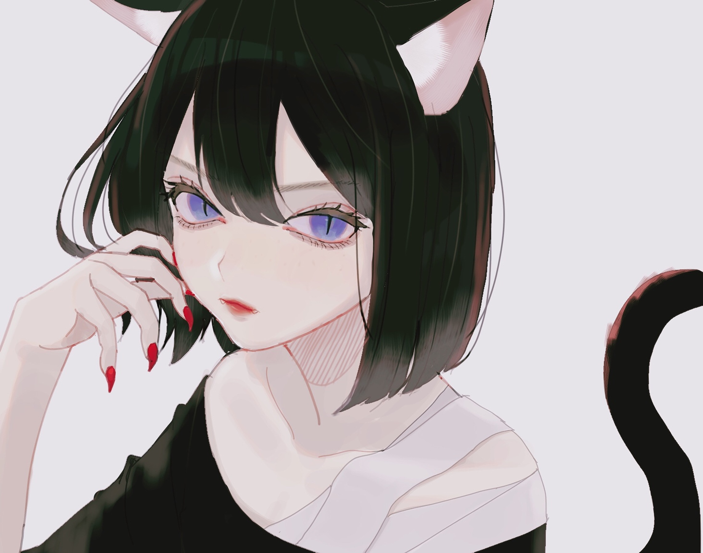 anime, original, bandage, black hair, blue eyes, cat girl, short hair, tail