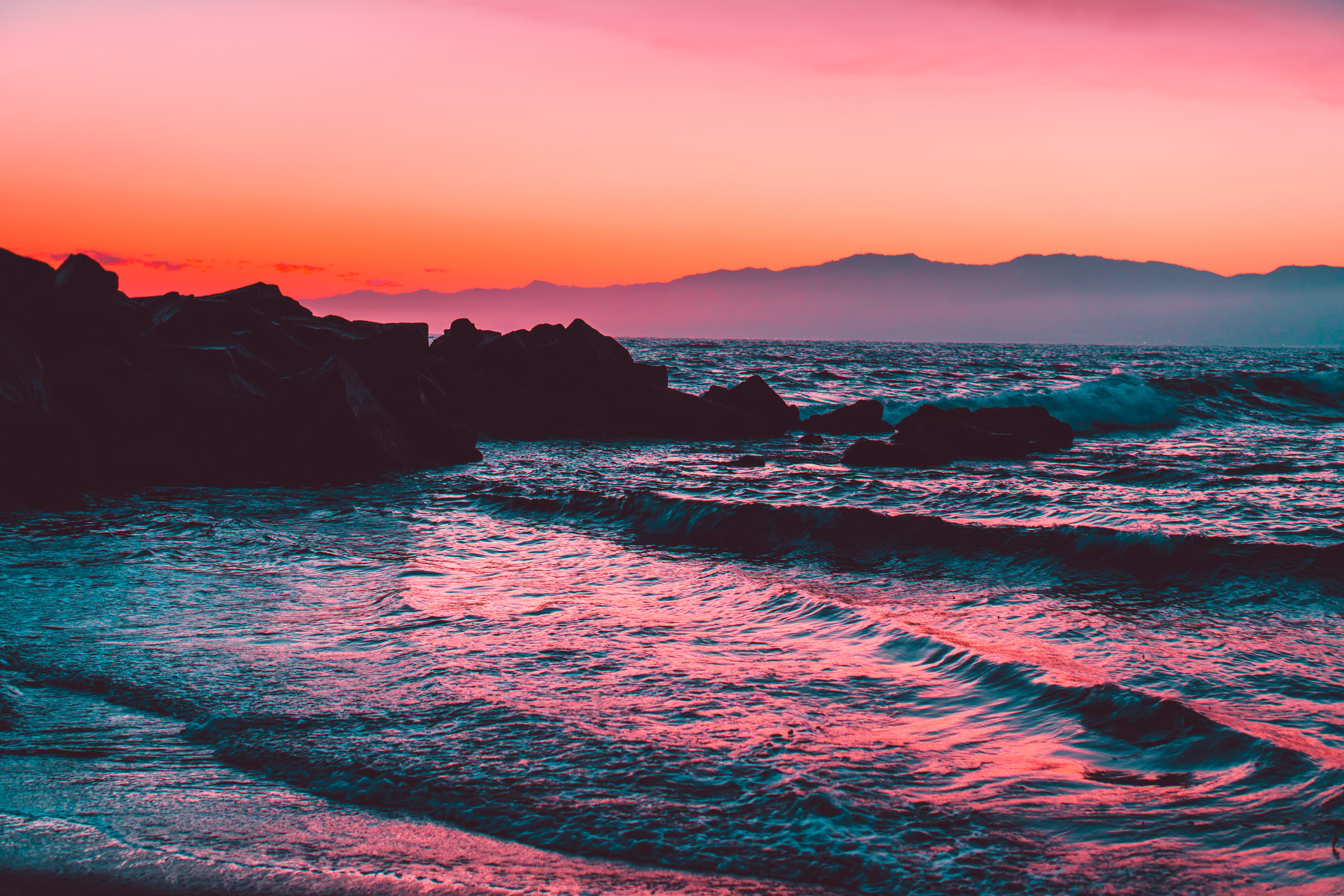 PCデスクトップに自然, 日没, 岩, 波, 海画像を無料でダウンロード