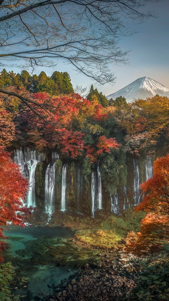 無料モバイル壁紙秋, 地球, 日本, 富士山, 白糸の滝をダウンロードします。