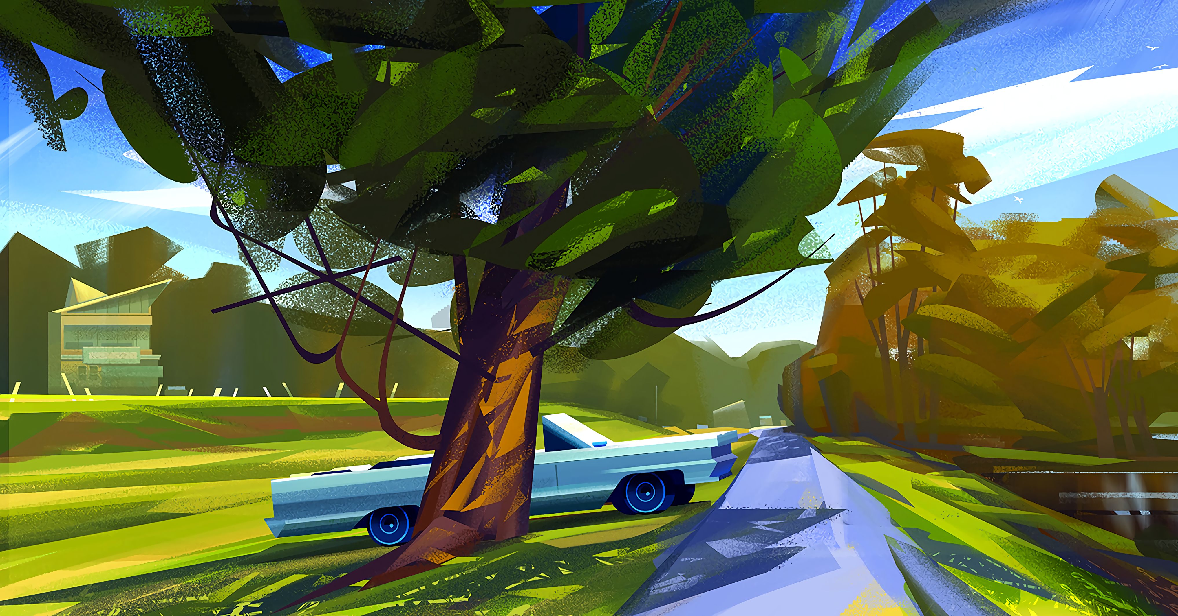 Free download wallpaper Road, Tree, Wood, Car, Art on your PC desktop