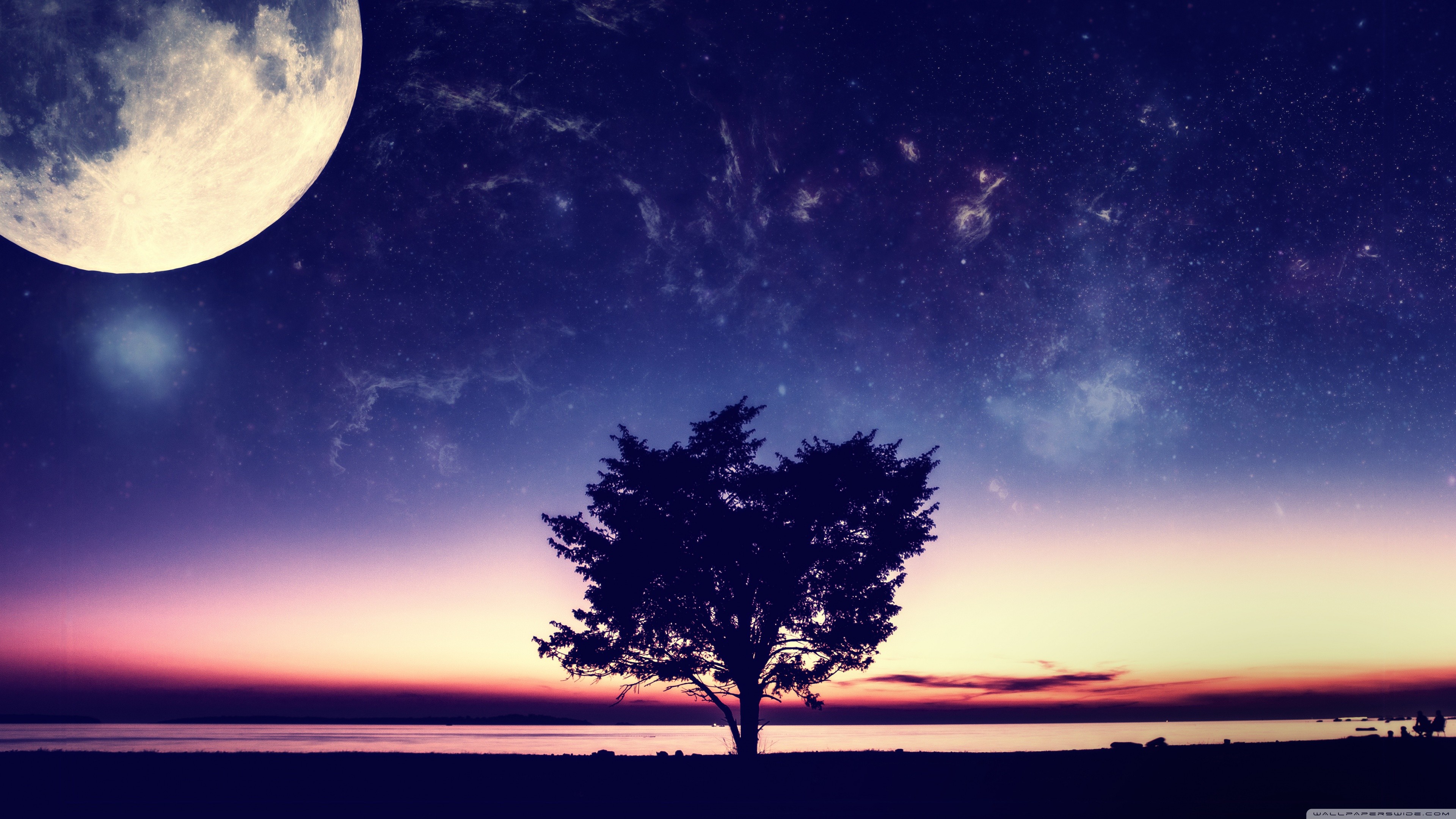Free download wallpaper Fantasy, Sky, Stars, Moon, Tree, Ocean on your PC desktop