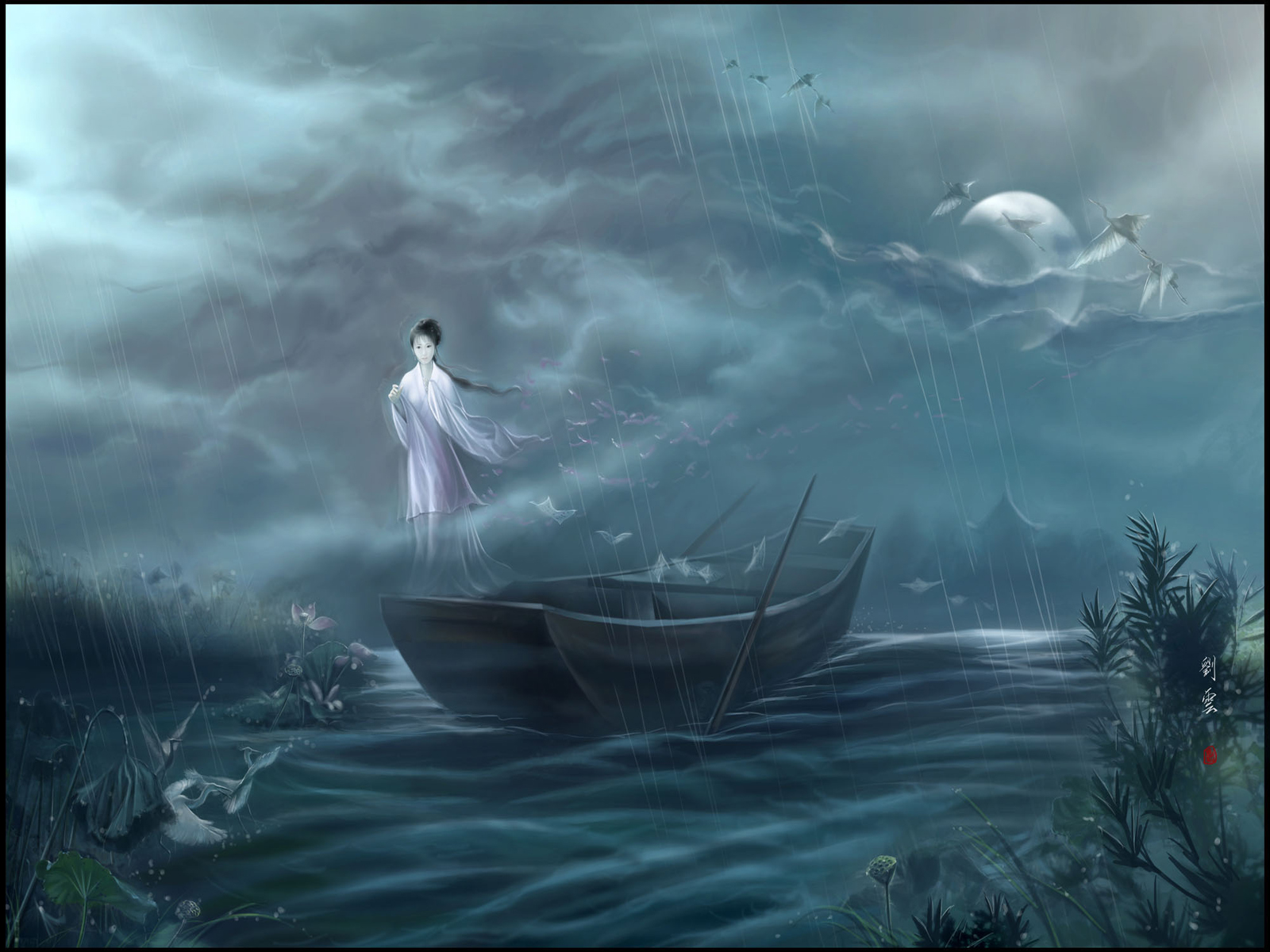 Laden Sie das Wasser, Vogel, Boot, Orientalisch, Künstlerisch-Bild kostenlos auf Ihren PC-Desktop herunter