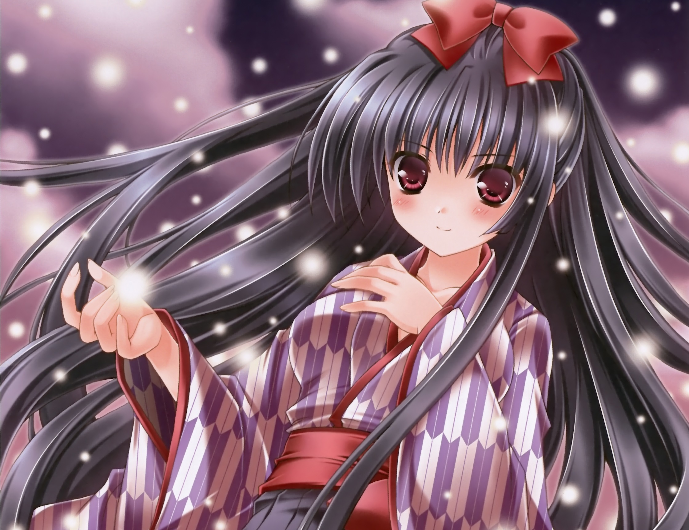 Laden Sie das Schnee, Lächeln, Kimono, Original, Rote Augen, Animes, Schwarzes Haar, Lange Haare, Schleife (Kleidung)-Bild kostenlos auf Ihren PC-Desktop herunter