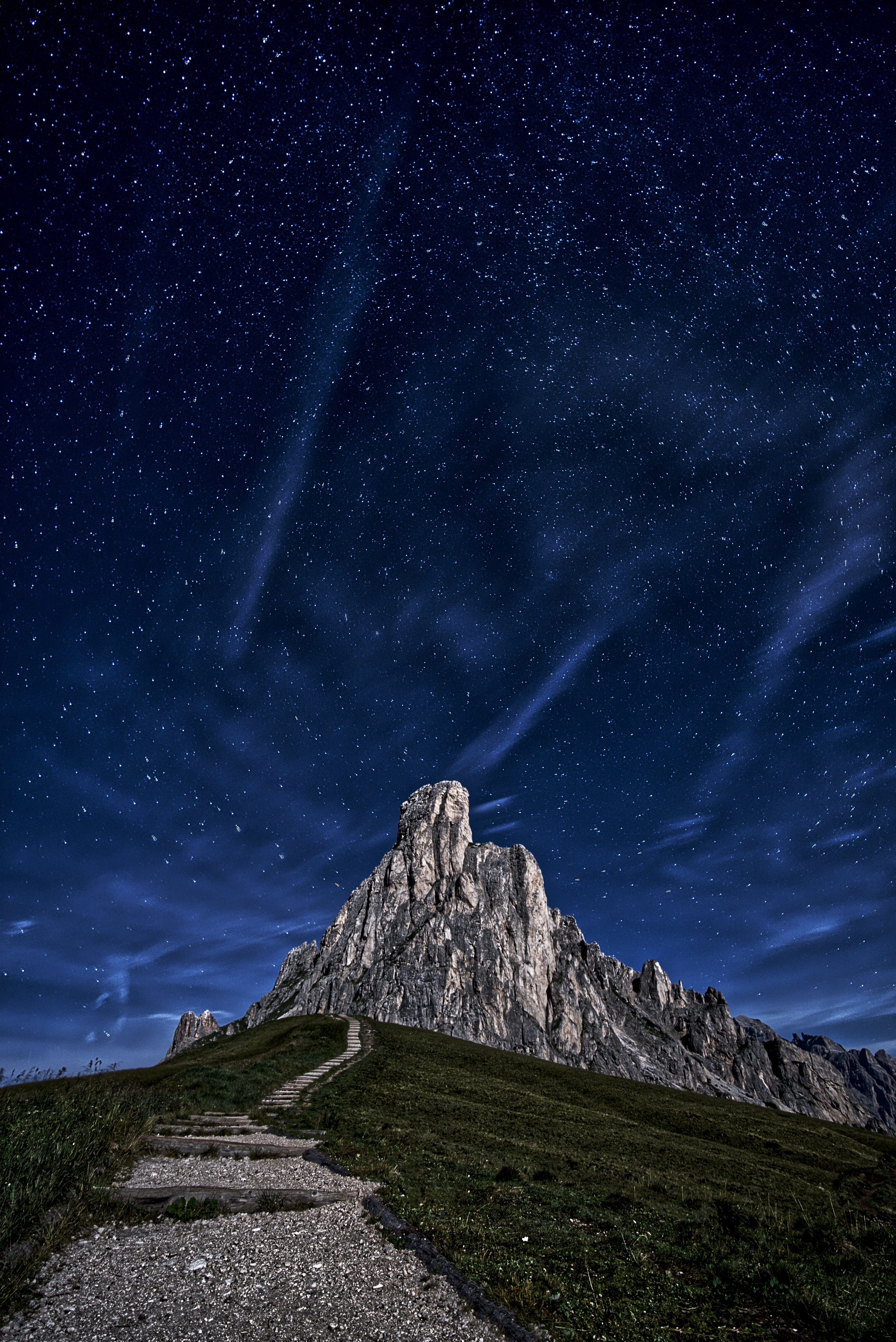 Download mobile wallpaper Rock, Path, Mountain, Starry Sky, Nature, Night for free.