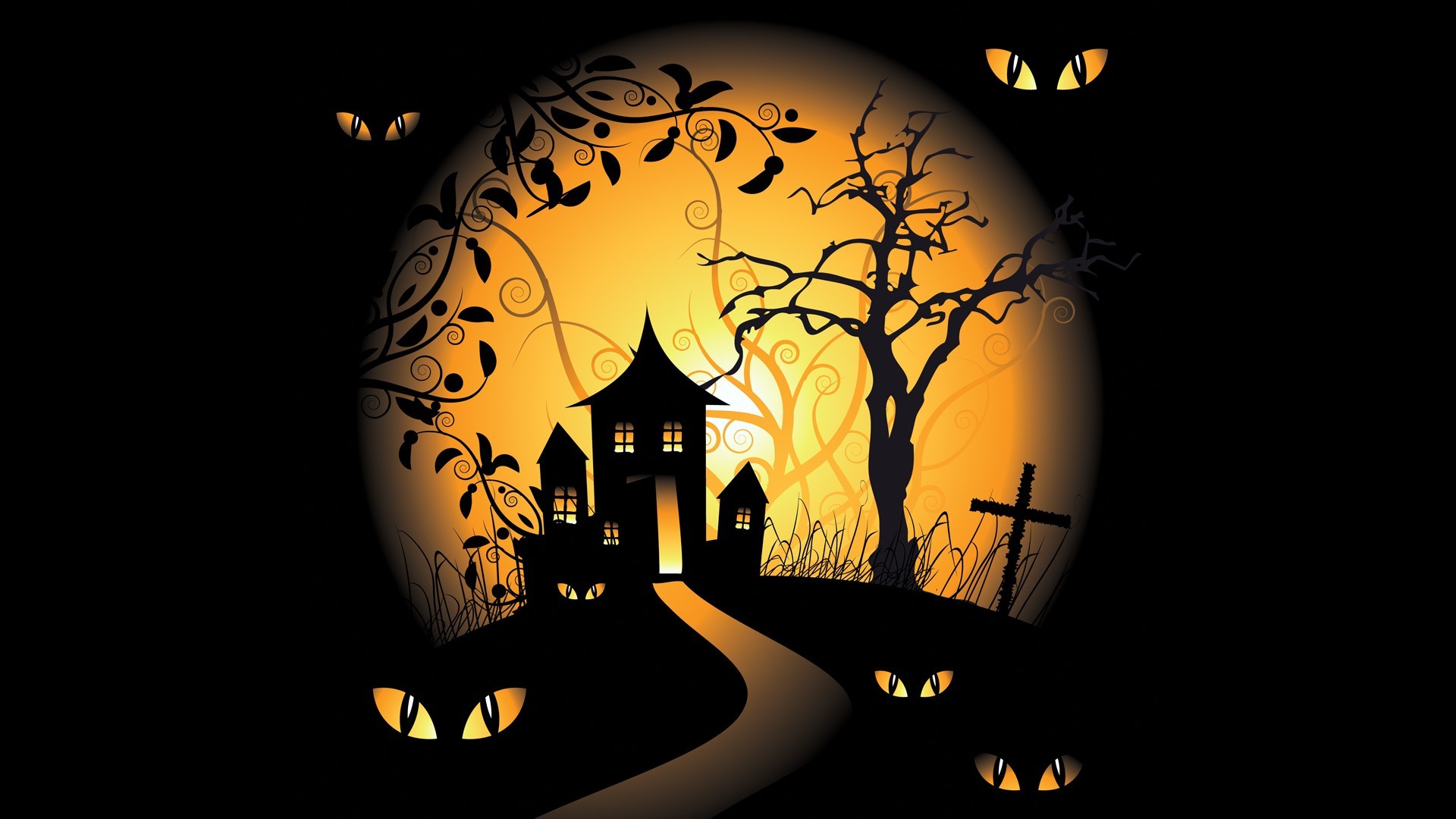 Download mobile wallpaper Halloween, Moon, Silhouette, Holiday, House for free.