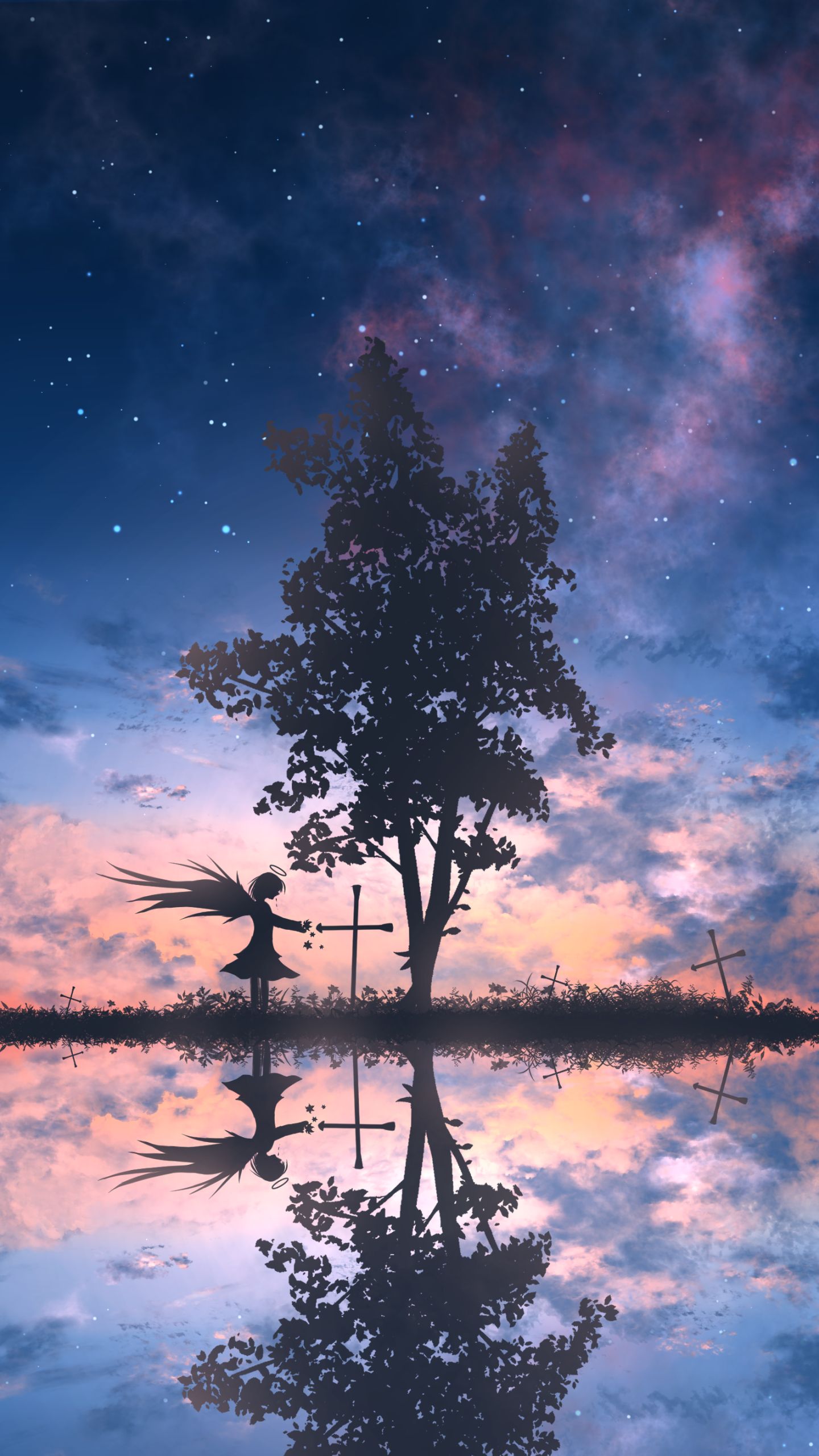 Download mobile wallpaper Anime, Reflection, Tree, Starry Sky, Cross, Original for free.