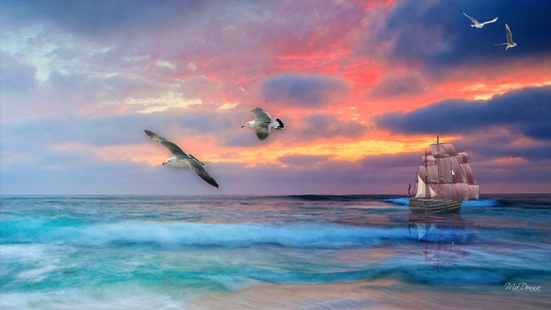 Download mobile wallpaper Sunset, Sea, Bird, Ocean, Seagull, Sailboat, Artistic, Sailing for free.