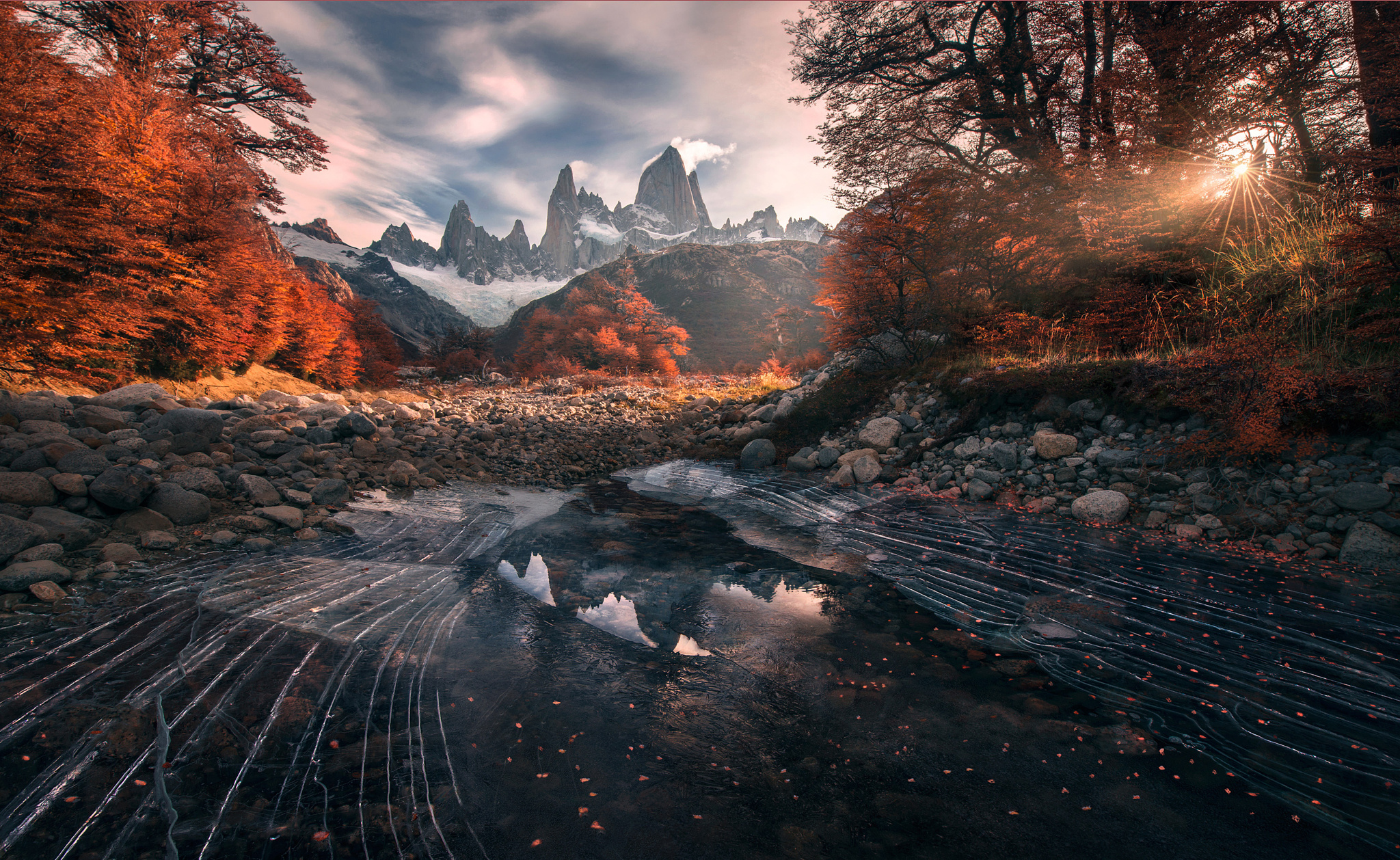 Free download wallpaper Landscape, Ice, Mountain, Peak, Reflection, Fall, Earth, Stone, Sunbeam on your PC desktop