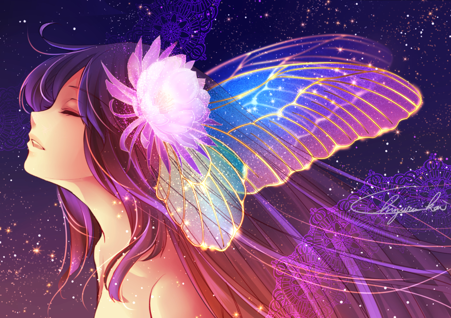 Download mobile wallpaper Anime, Flower, Wings, Original, Purple Hair for free.