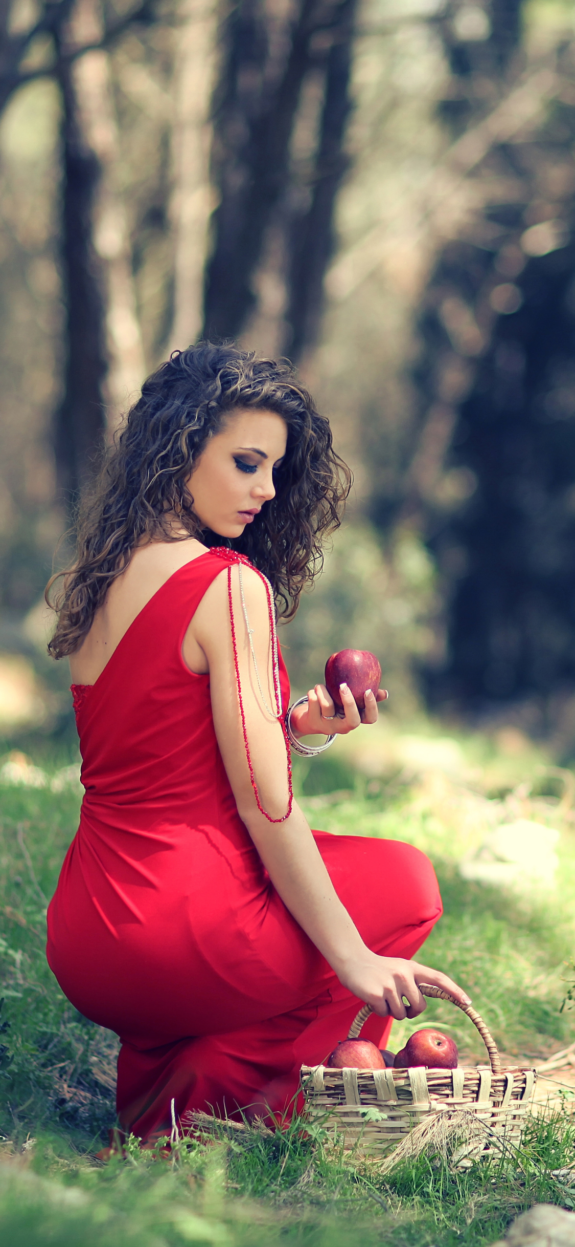Download mobile wallpaper Apple, Basket, Mood, Women, Red Dress for free.