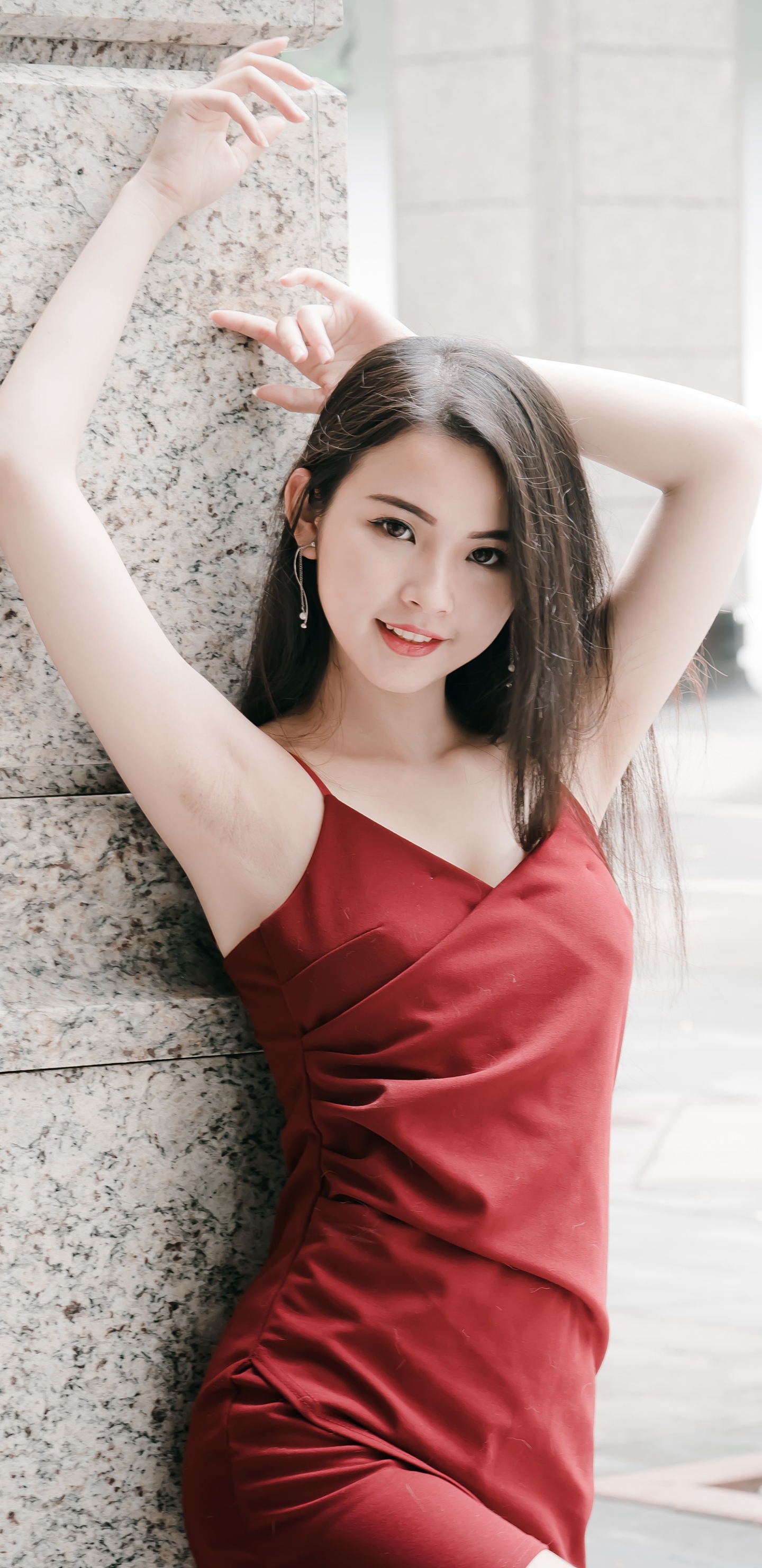 Download mobile wallpaper Brunette, Model, Women, Asian, Red Dress for free.