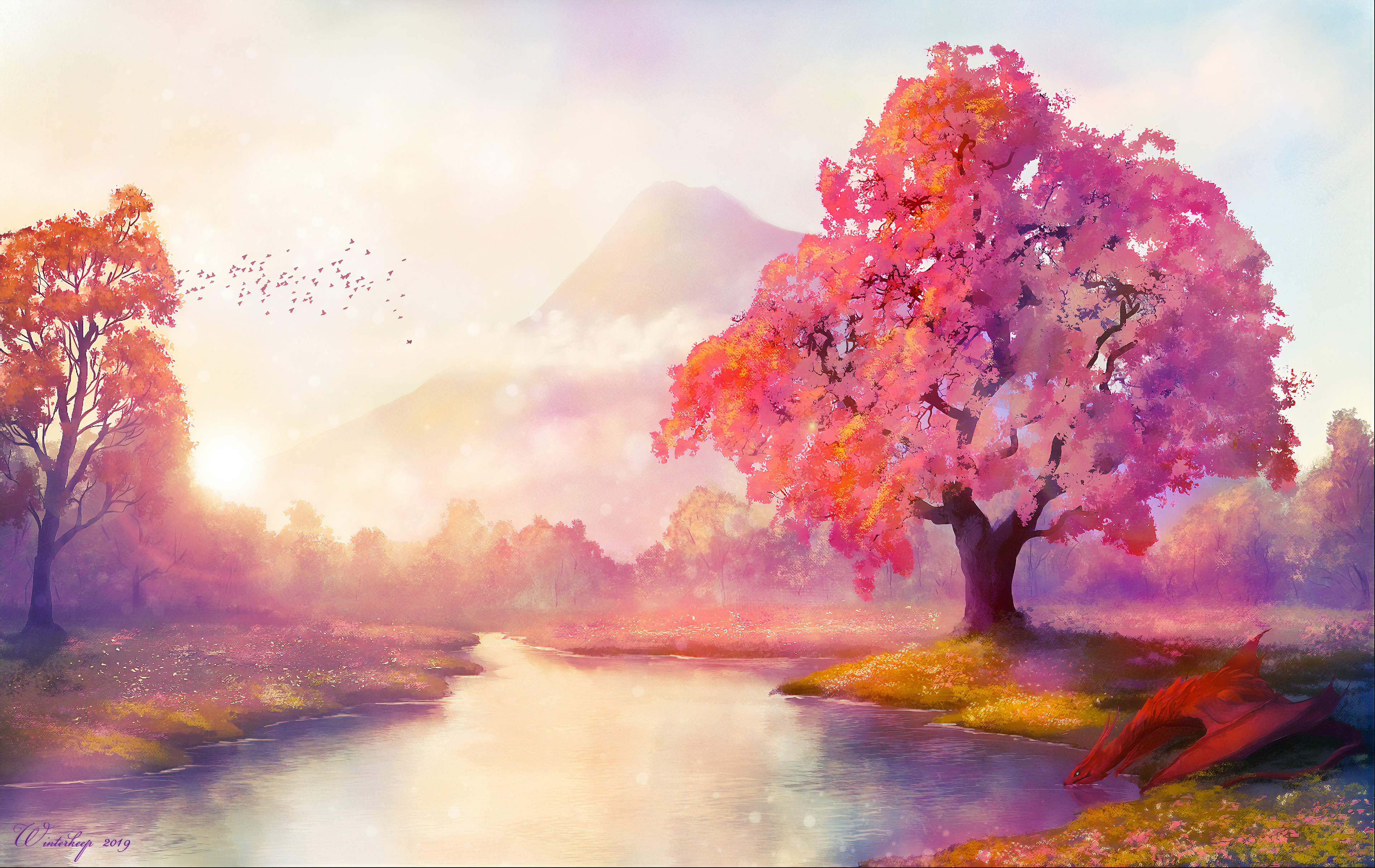 Laden Sie das Natur, Fantasie, Baum, Fluss, Drachen-Bild kostenlos auf Ihren PC-Desktop herunter