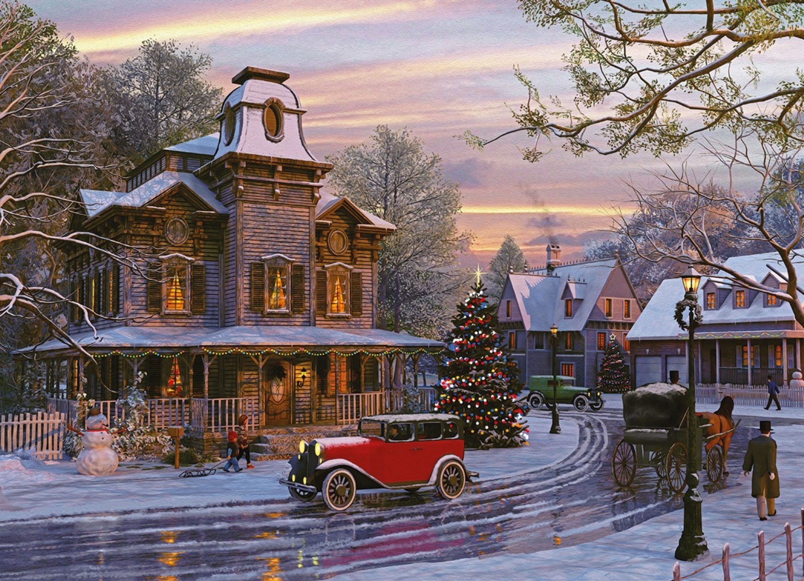 Download mobile wallpaper Snow, Car, Christmas, Vintage, Christmas Tree, Painting, Street, Artistic for free.