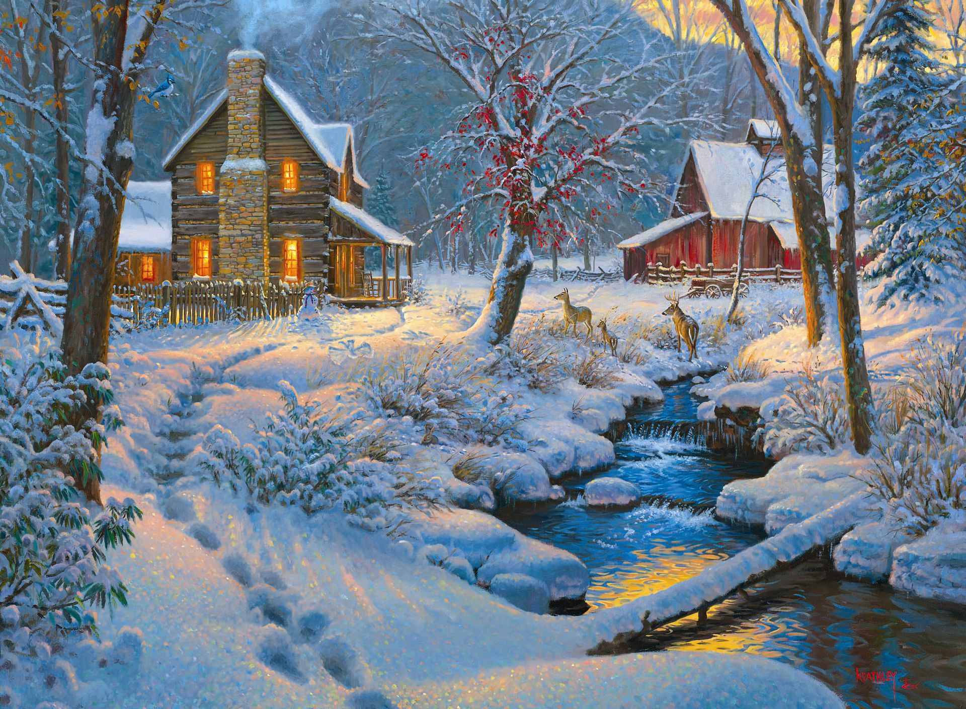 Download mobile wallpaper Winter, Snow, House, Painting, Artistic, River for free.