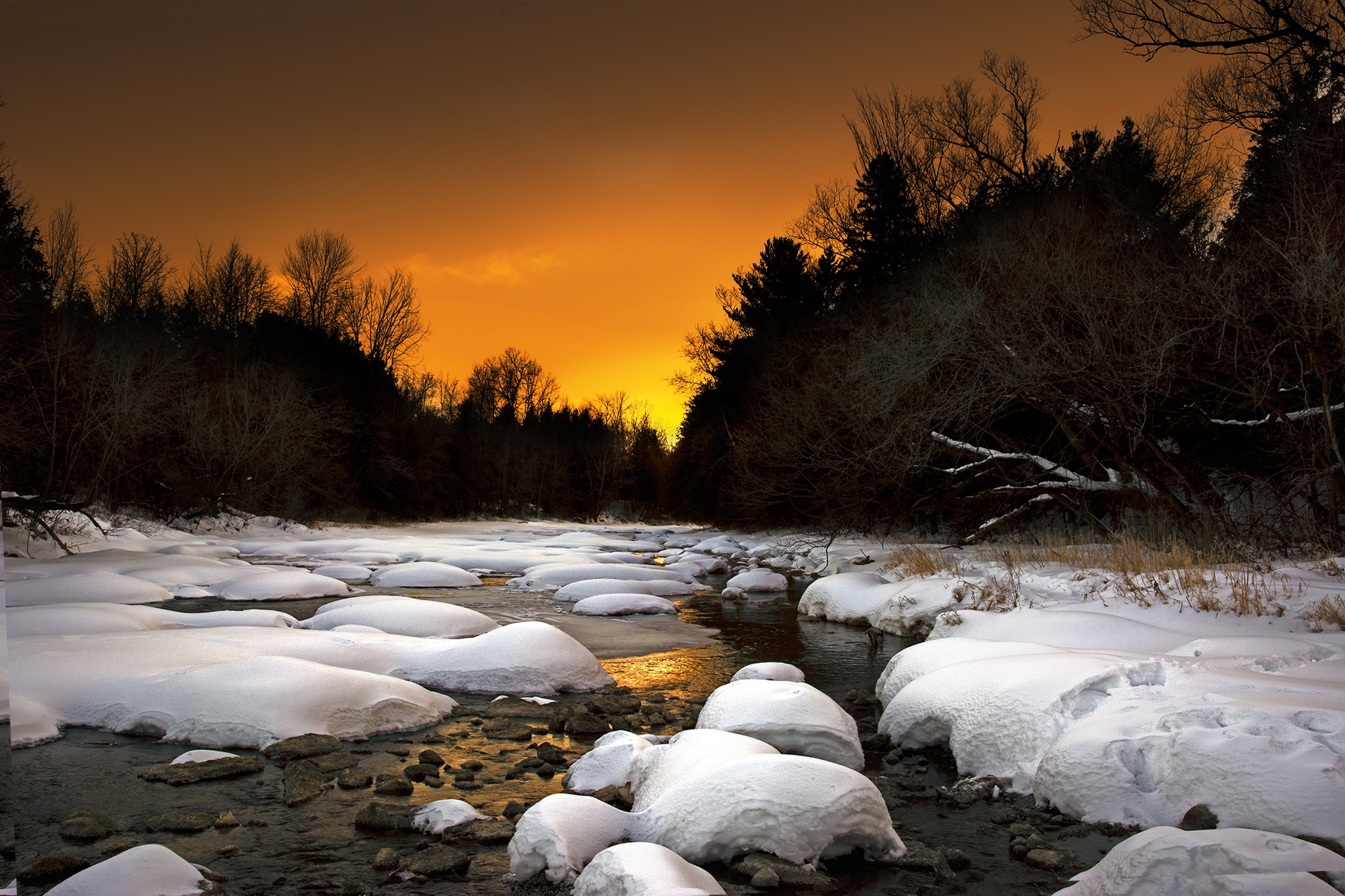 Descarga gratis la imagen Naturaleza, Nieve, Rio, Atardecer, Tierra/naturaleza en el escritorio de tu PC