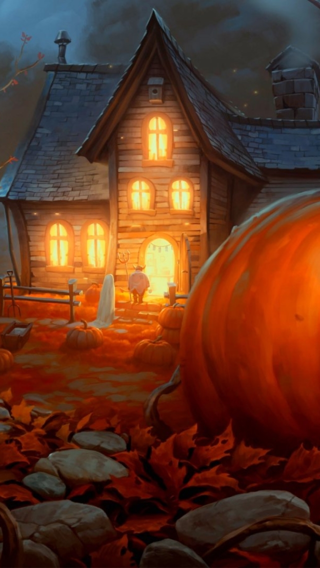 Download mobile wallpaper Halloween, Night, Pumpkin, Holiday, Fall, House, Jack O' Lantern for free.