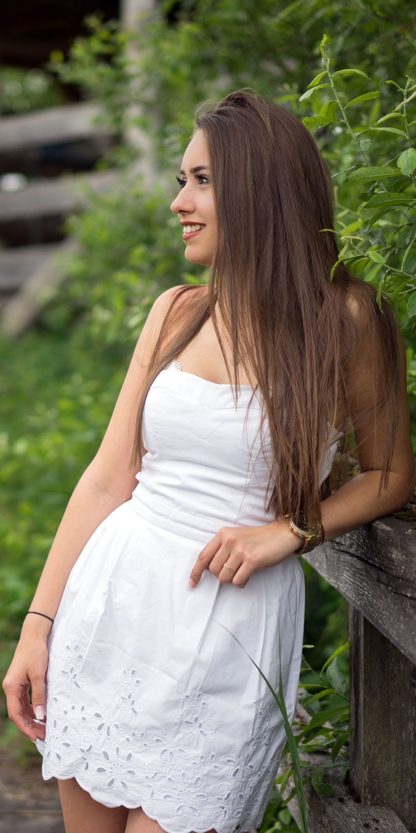 Download mobile wallpaper Smile, Brunette, Model, Women, White Dress for free.