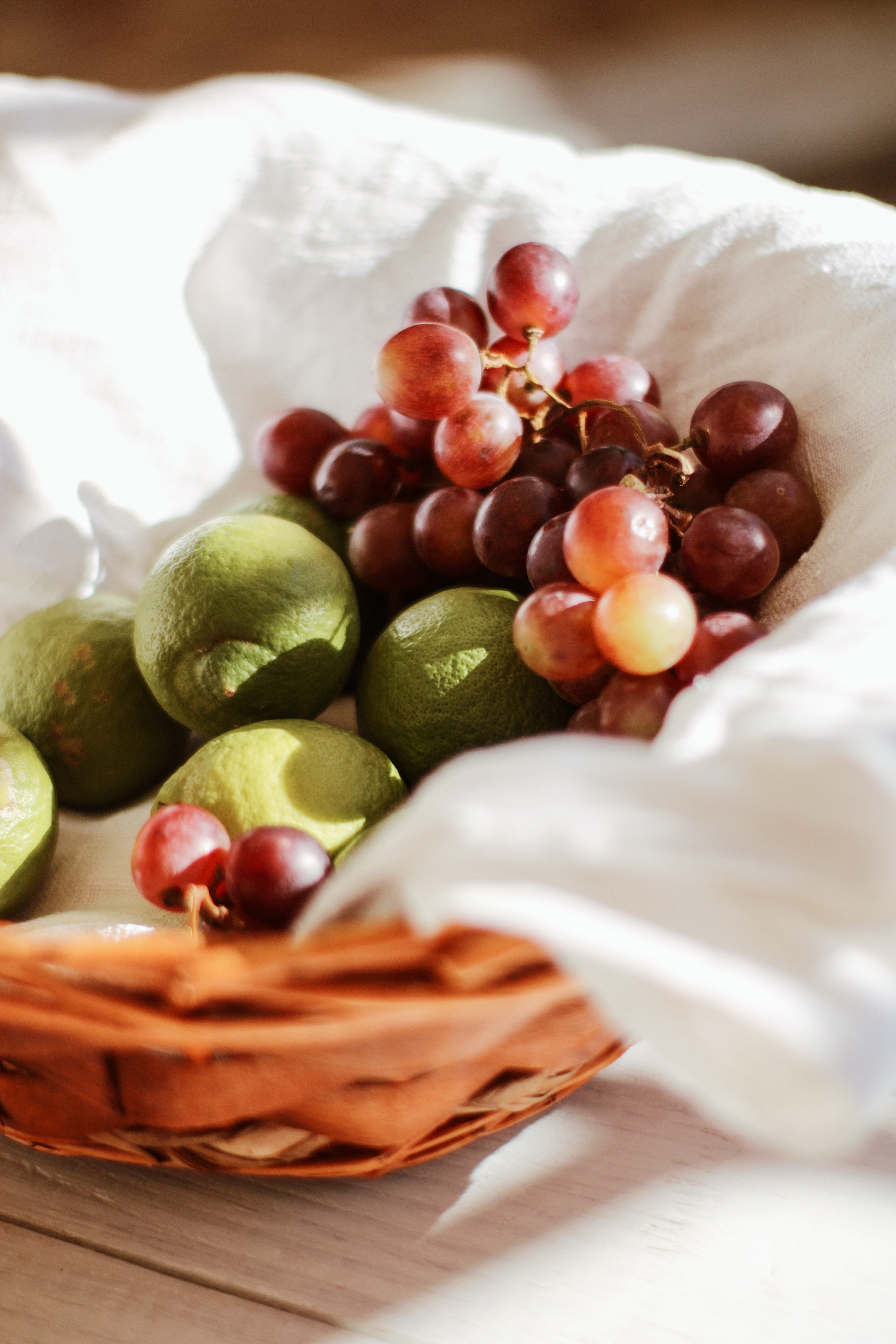 fruit, food, grapes, lime, cloth, basket