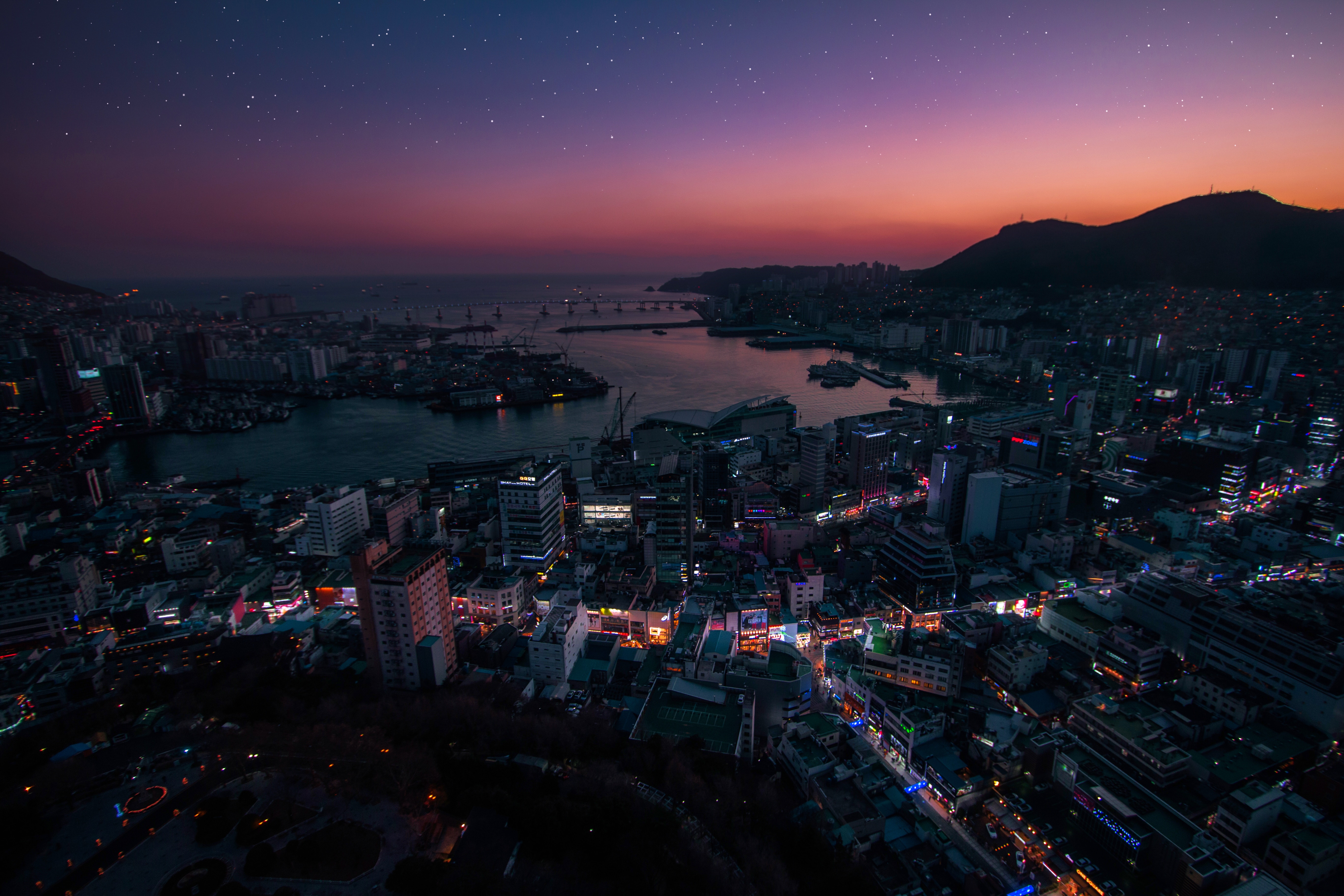 south korea, view from above, cities, night city, city lights