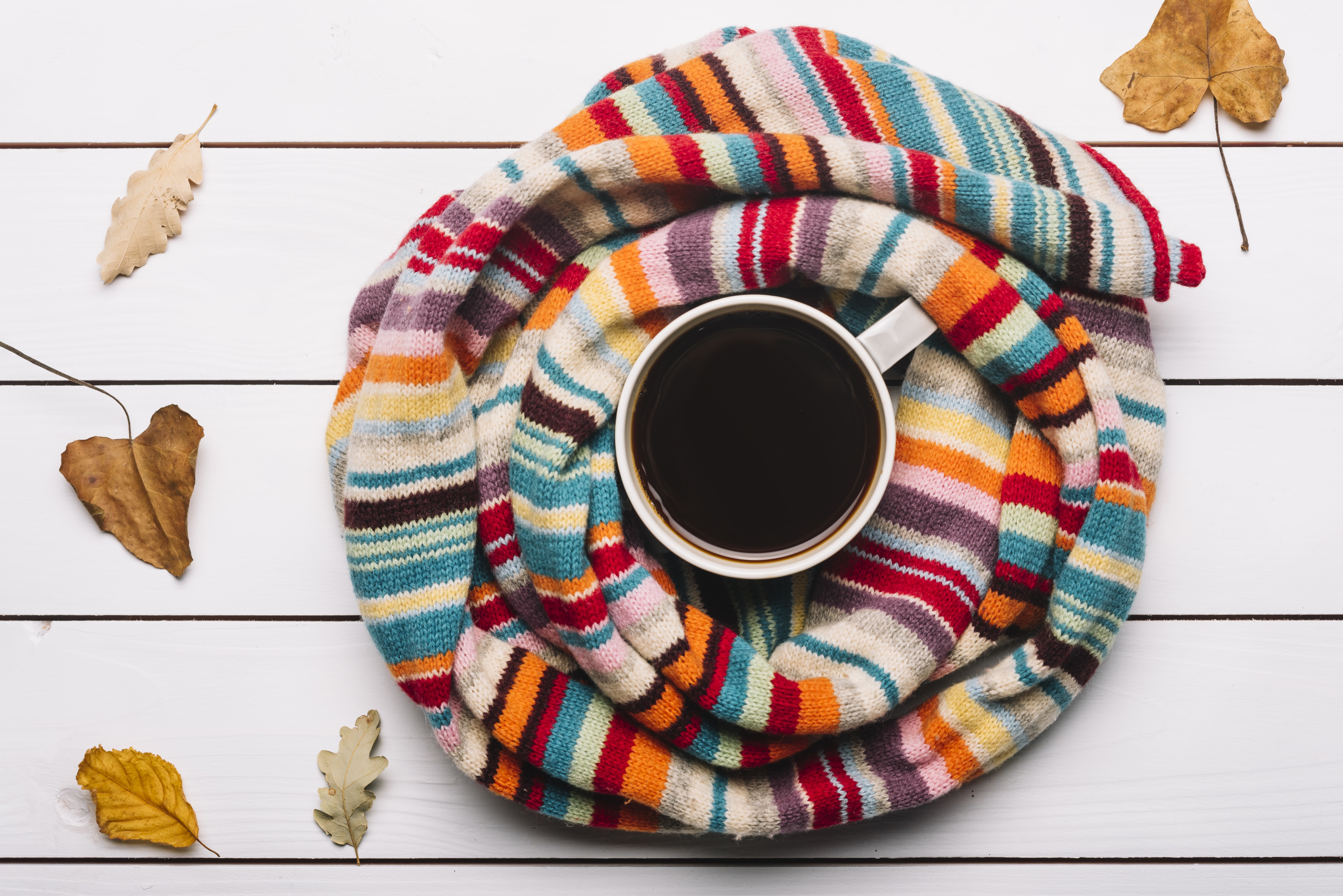 Download mobile wallpaper Food, Coffee, Still Life, Cup, Scarf for free.