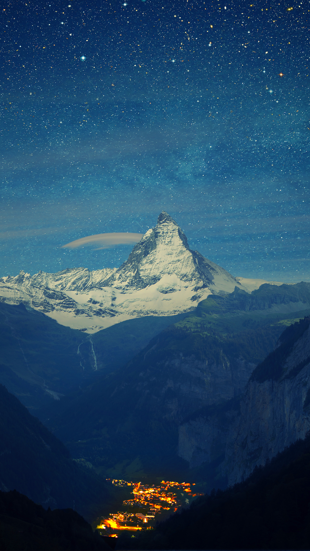Download mobile wallpaper Landscape, Night, City, Mountain, Peak, Light, Starry Sky, Switzerland, Valley, Photography, Matterhorn for free.