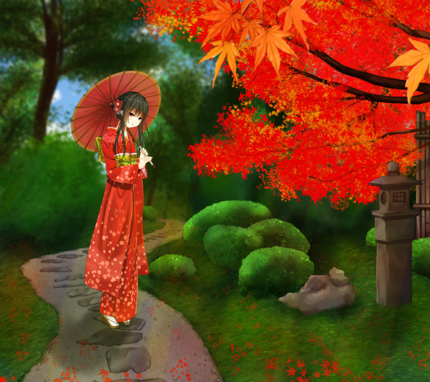 Laden Sie das Herbst, Baum, Blatt, Regenschirm, Geisha, Braune Augen, Animes, Schwarzes Haar, Japanische Kleidung-Bild kostenlos auf Ihren PC-Desktop herunter