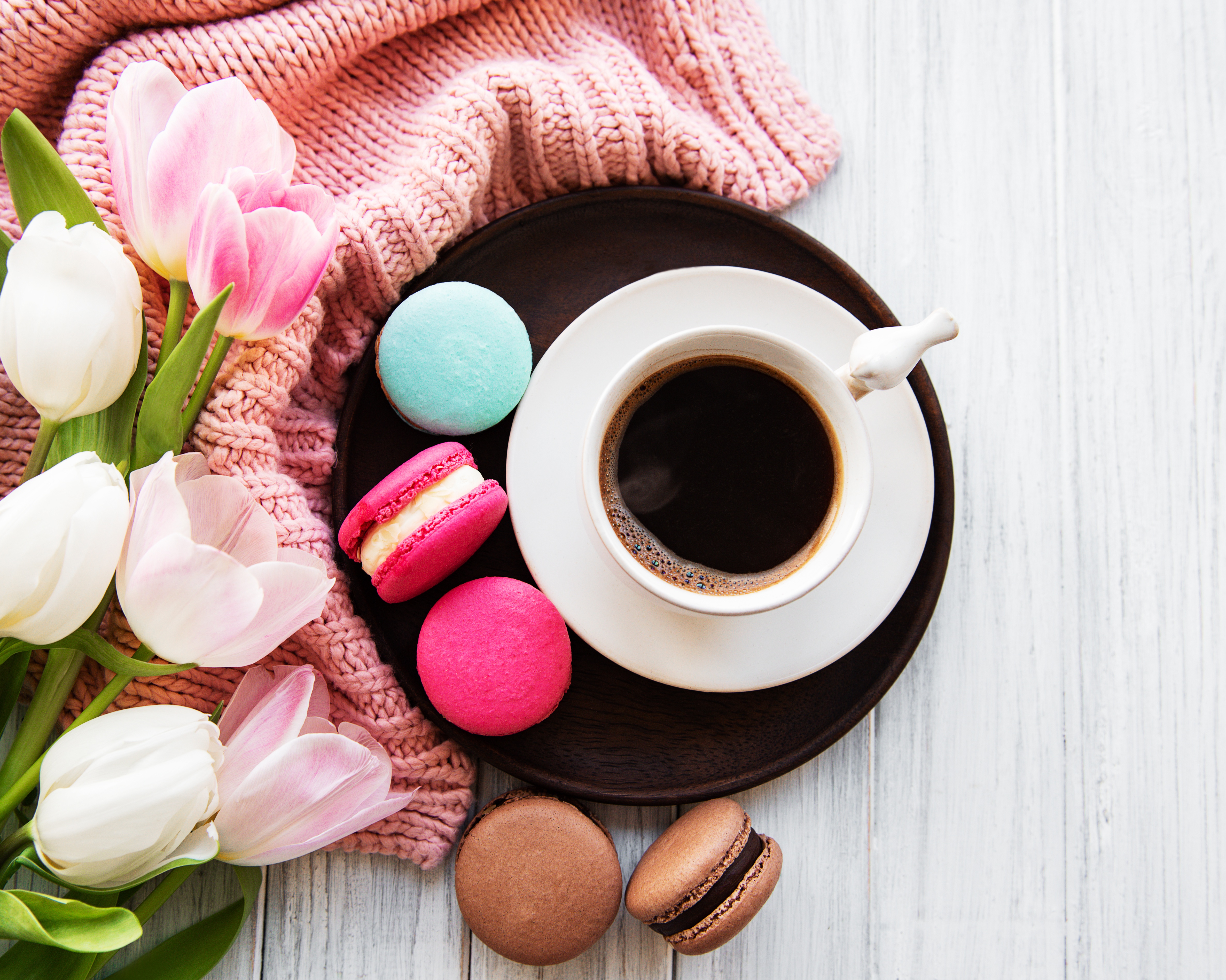Download mobile wallpaper Food, Coffee, Still Life, Cup, Tulip, Macaron for free.