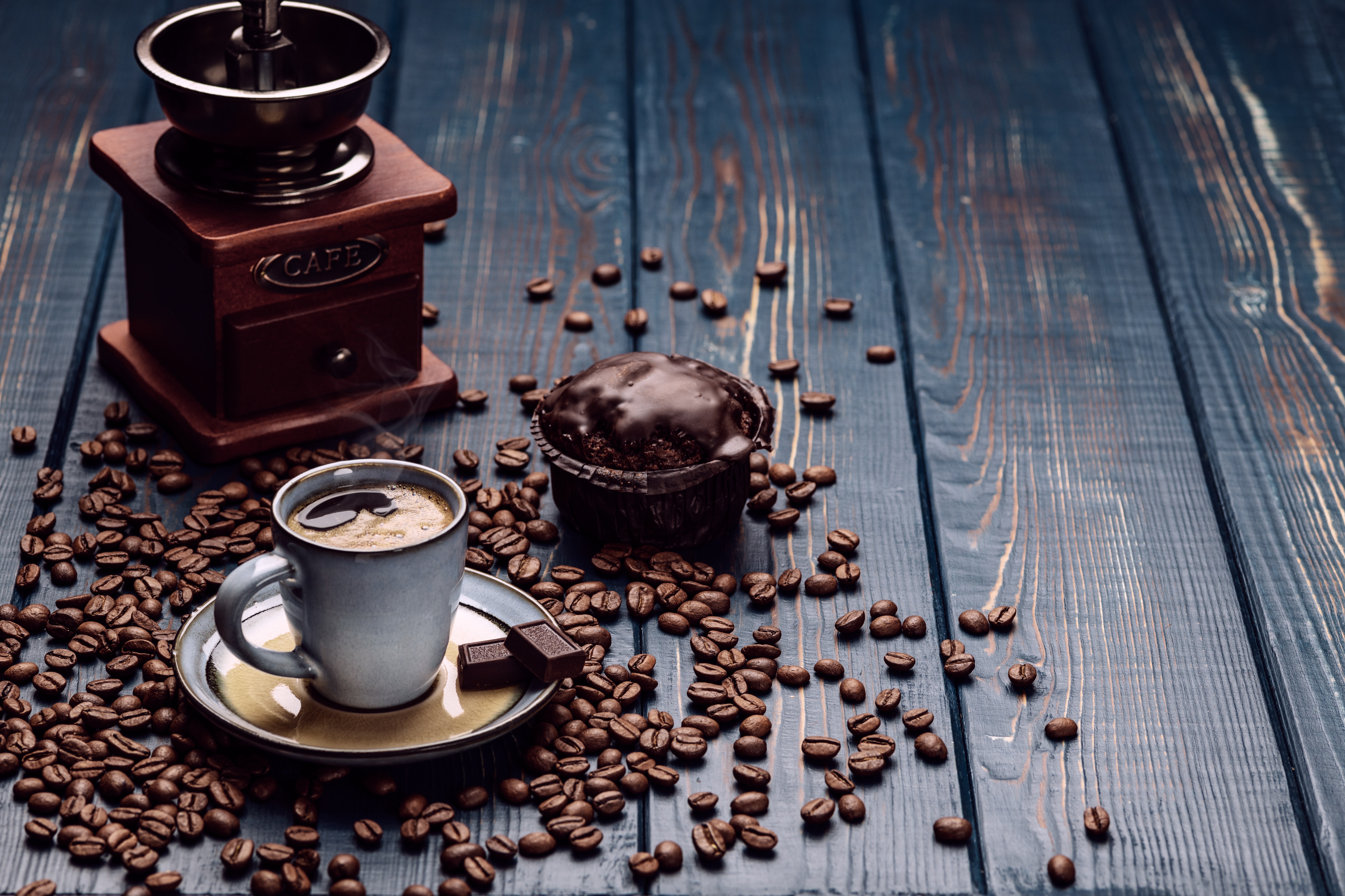 Free download wallpaper Food, Chocolate, Coffee, Still Life, Cup, Drink, Coffee Beans, Cupcake on your PC desktop
