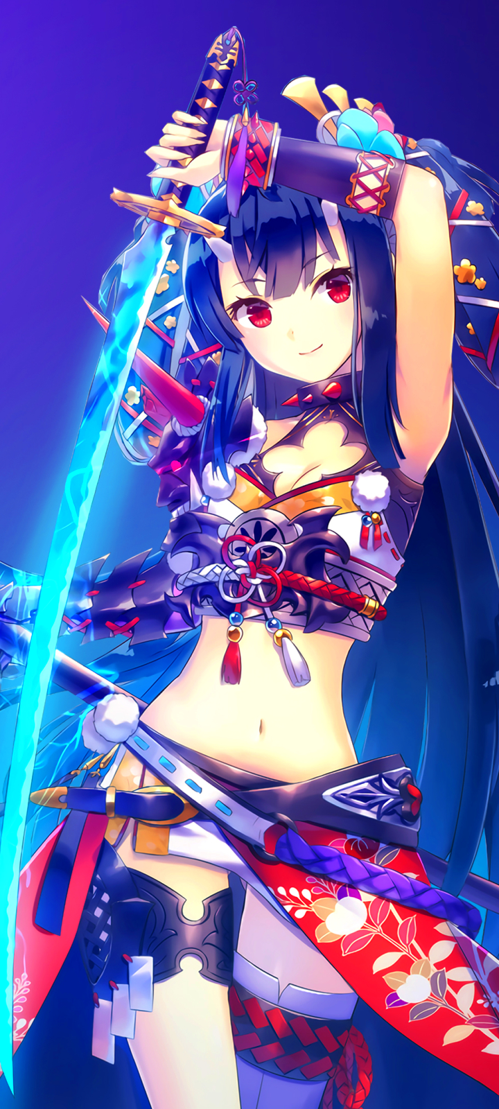 Download mobile wallpaper Anime, Girl, Horns, Sword, Red Eyes, Long Hair for free.