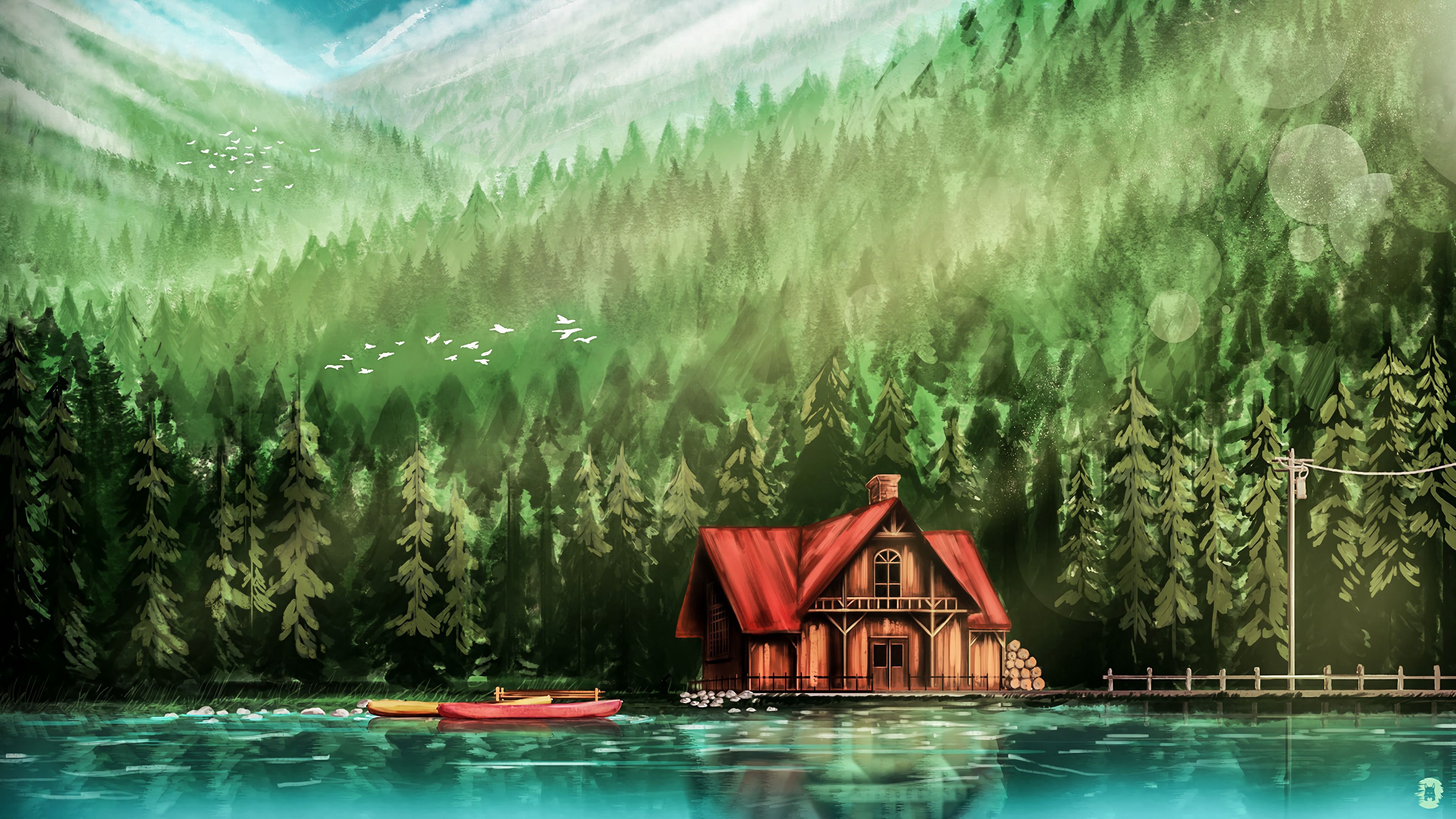 Laden Sie das Haus, Wald, Kunst, Flüsse-Bild kostenlos auf Ihren PC-Desktop herunter