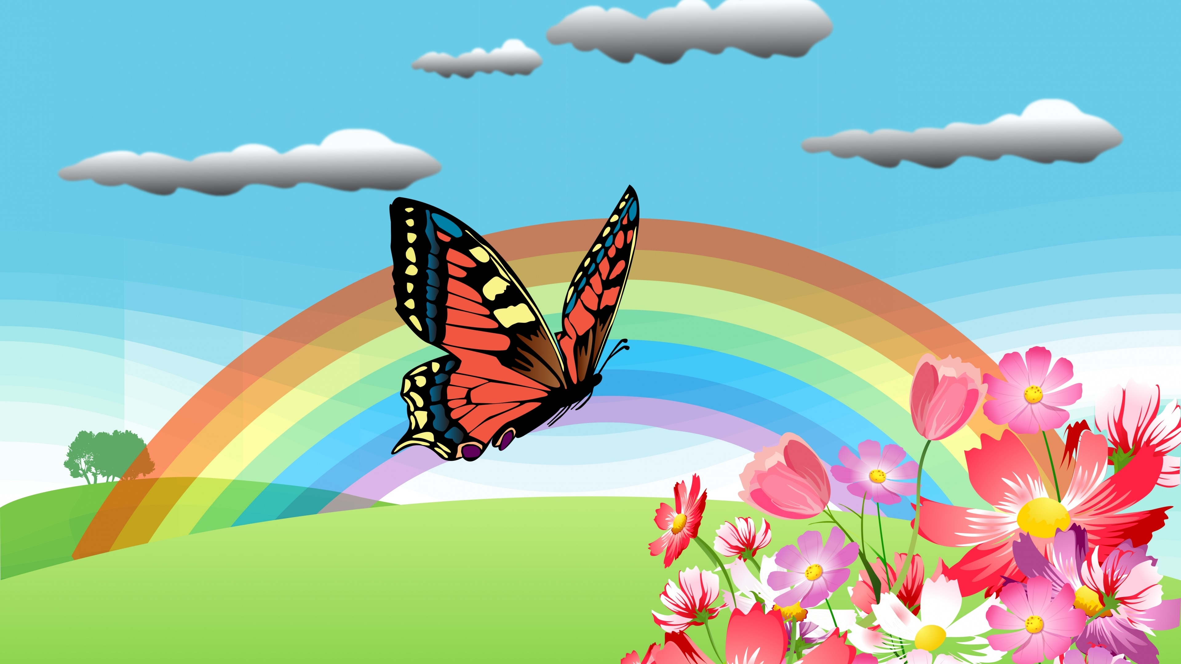 Скачать обои бесплатно Радуга, Цветок, Бабочка, Весна, Художественные картинка на рабочий стол ПК