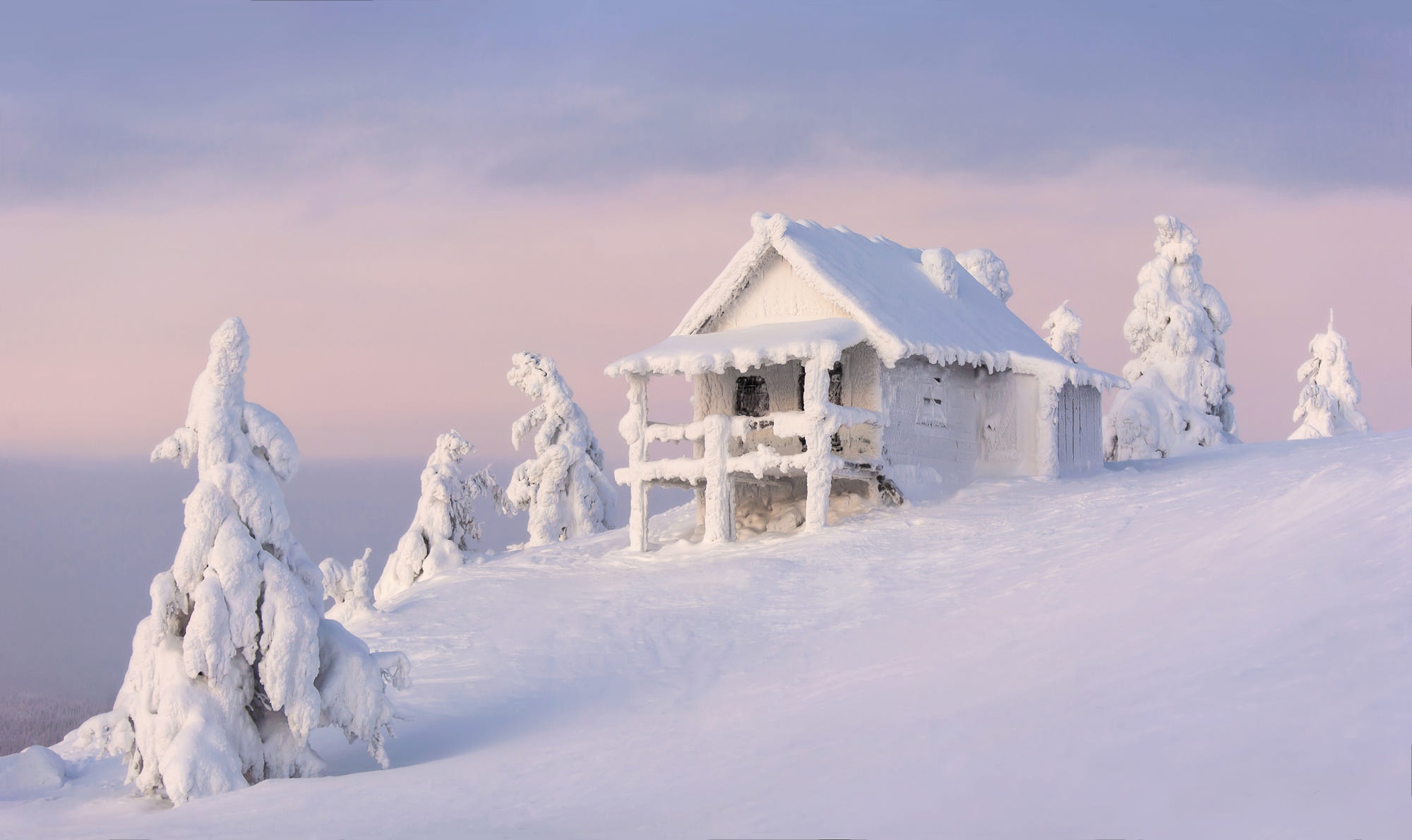 Download mobile wallpaper Winter, Nature, Snow, Hut, Photography, Fir Tree for free.