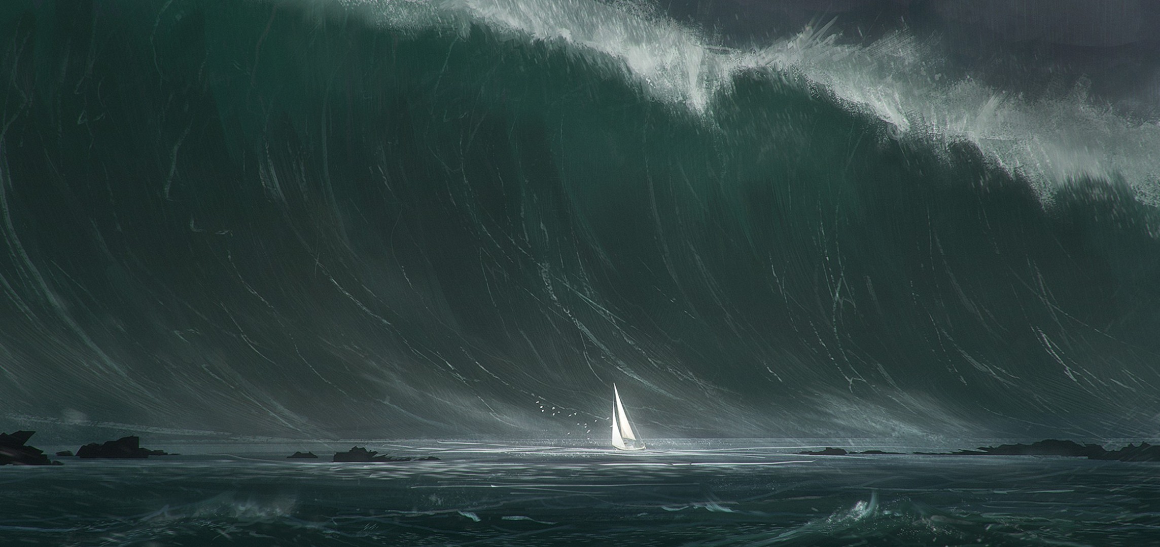 Free download wallpaper Fantasy, Ocean, Sailboat, Wave on your PC desktop