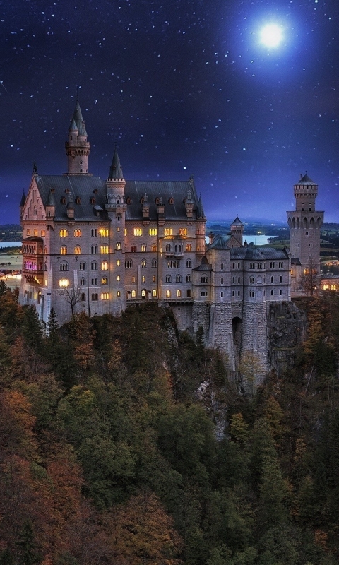 Handy-Wallpaper Sterne, Mond, Schlösser, Deutschland, Meteor, Nacht, Schloss Neuschwanstein, Menschengemacht kostenlos herunterladen.