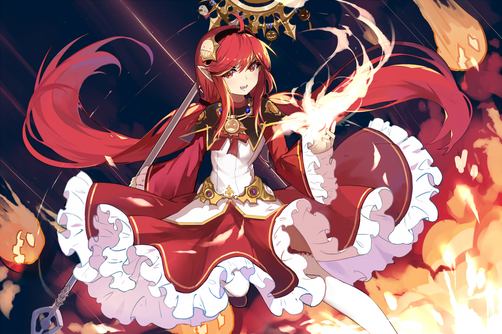 video game, dungeon fighter online, fire, flame, long hair, red dress, red eyes, red hair, twintails, weapon
